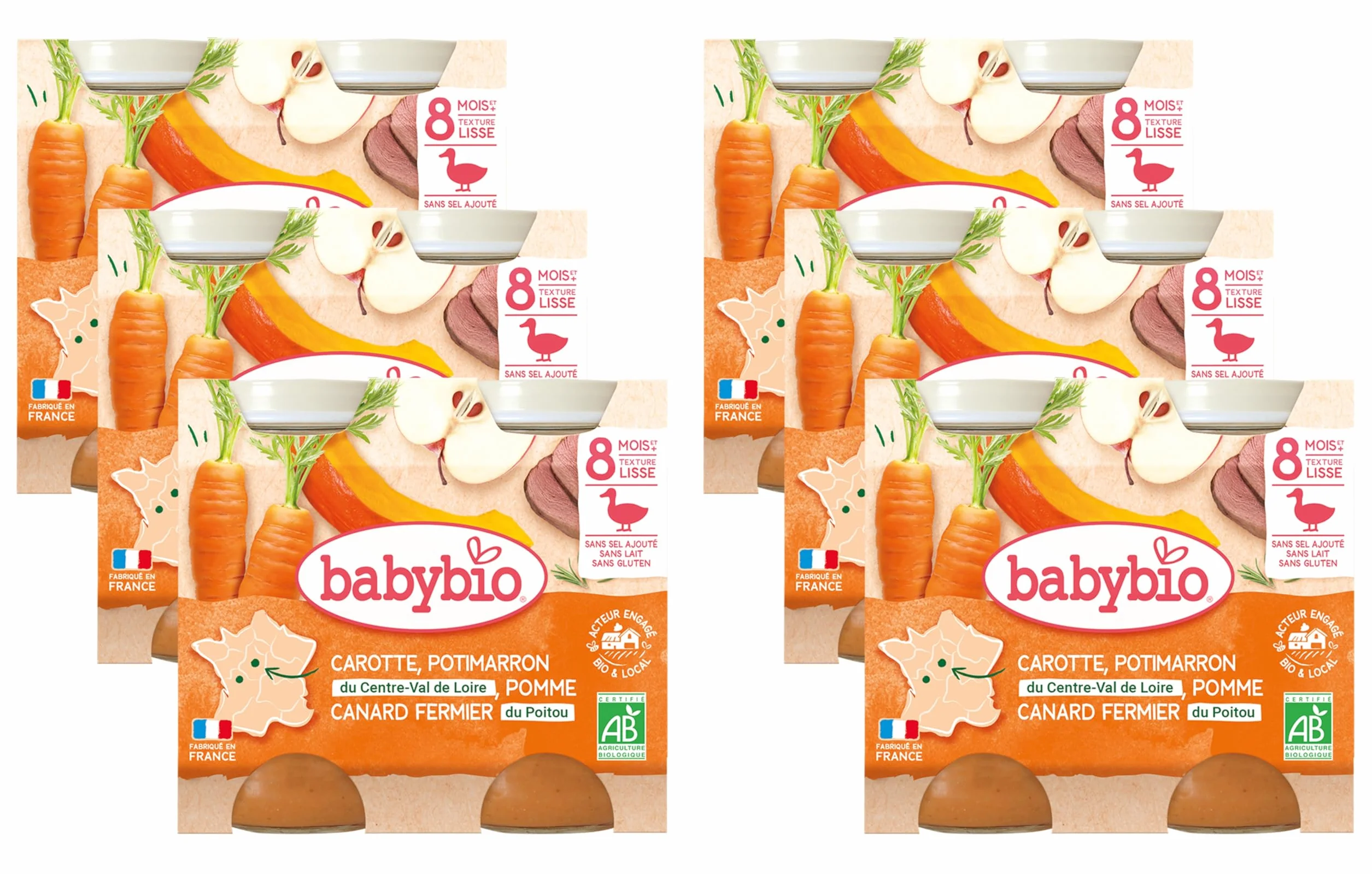 Babybio Pots Carotte Potimarron Pomme/Canard Fermier du Poitou 400 g - Lot de 6
