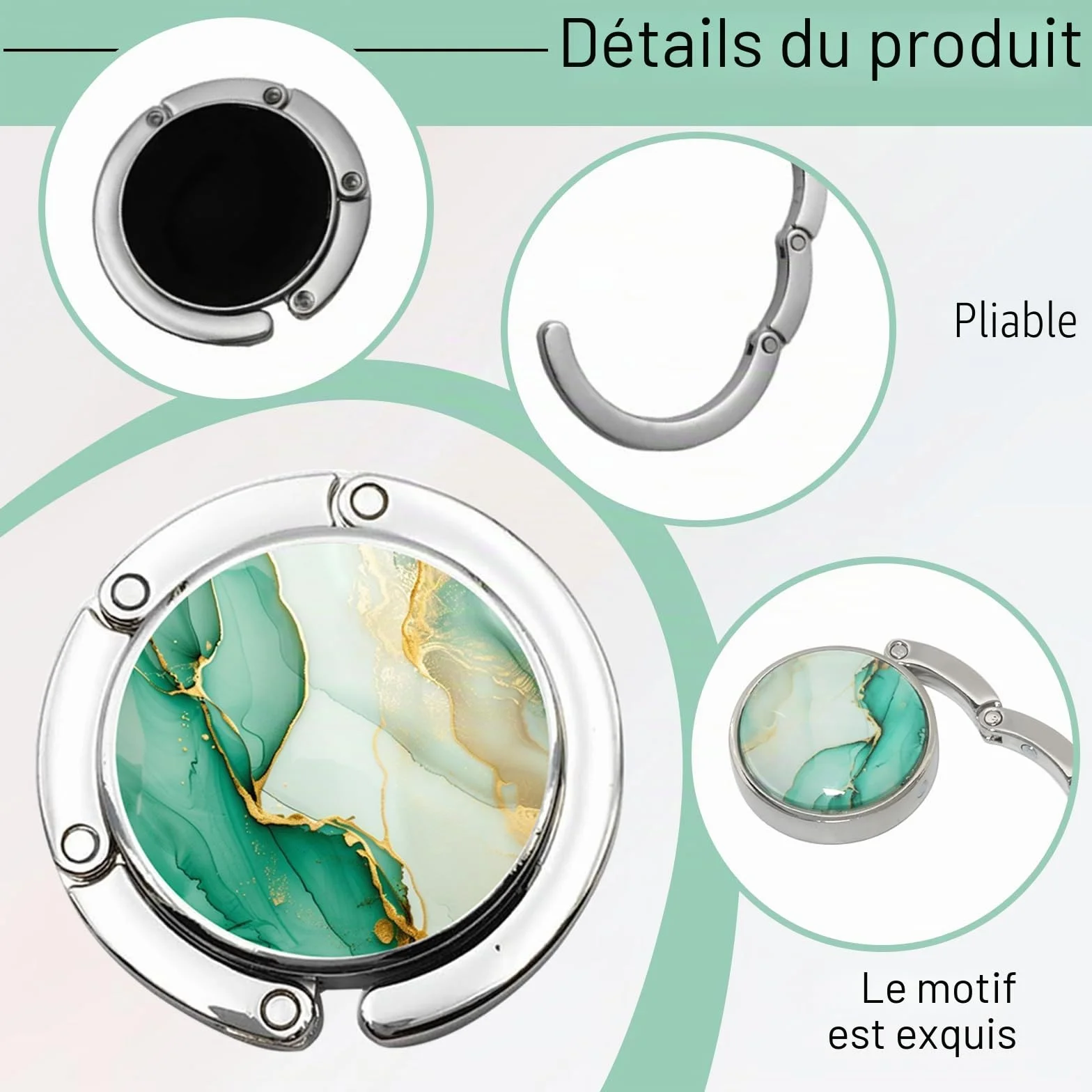 Support de sac pour table Motif marbre Crochet pliable antidérapant Plateau de table Vert