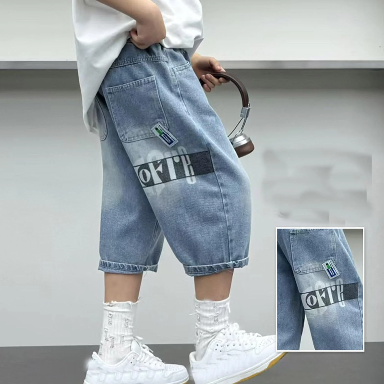 Shorts Baggy Jeans Longueur Genou Sport Solide Garçon 4-14 Ans