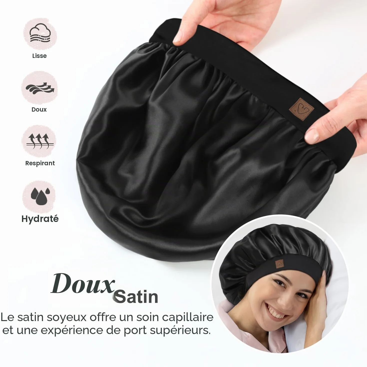 Bonnet Satin Soie Cheveux Nuit Double Couche Bande réglable pour Femme Homme