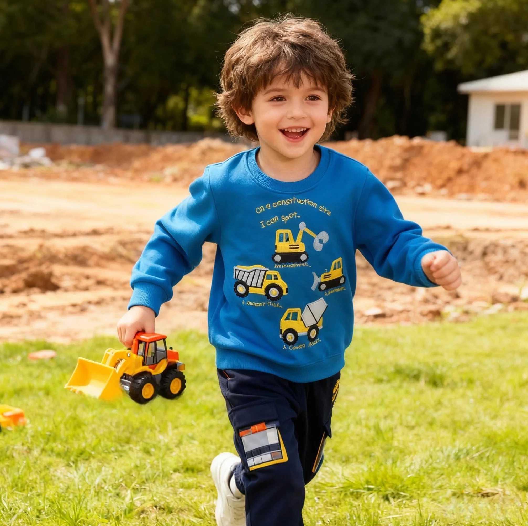 Sweatshirt Garçon Imprimé Dinosaure Excavateur Coton Col Rond 2-7 Ans
