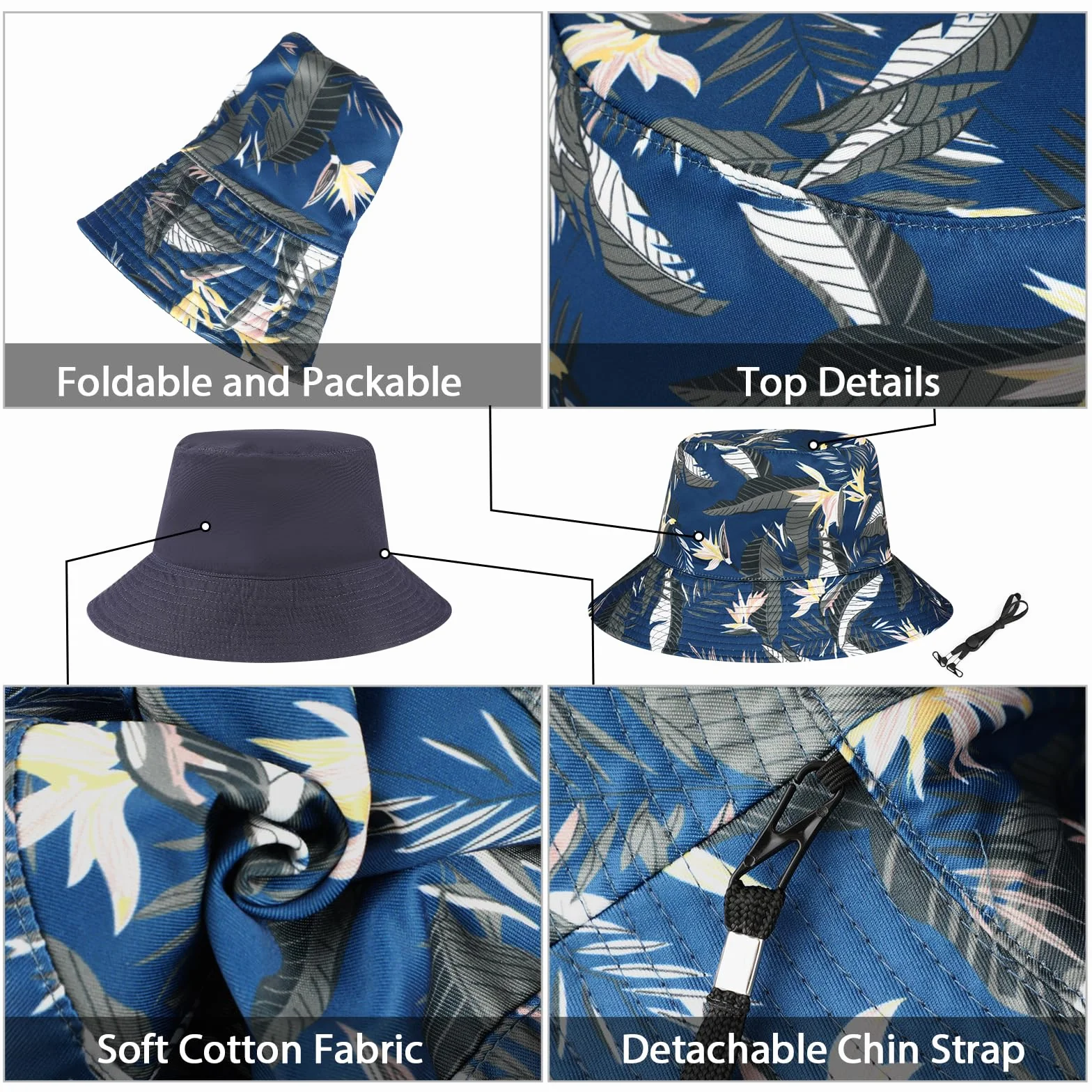 Bob Seau Chapeau Réversible Coton Unisexe Large Bord Imprimé Chapeau de Pêcheur Chapeau de Soleil Pliable Bucket Hat Homme Femme
