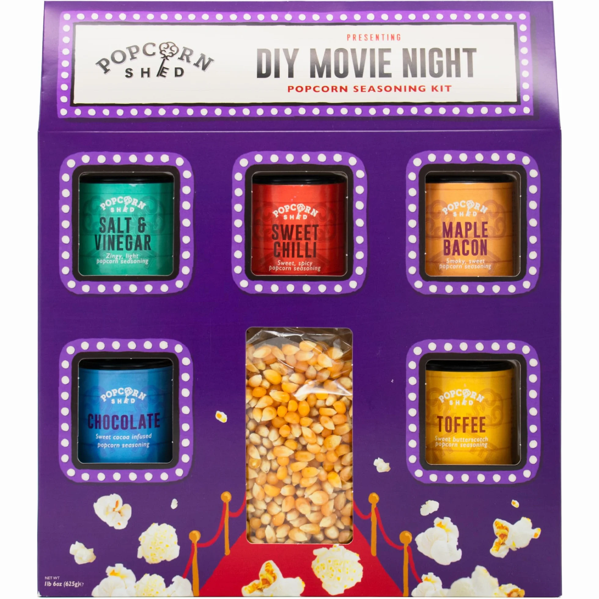 Kit de condiments pour pop-corn à faire soi-même Popcorn Shed pour soirée cinéma (5 condiments & 500g de grains à éclater) - Assaisonnements pour pop-corn sucrés et salés, snack facile et faible en