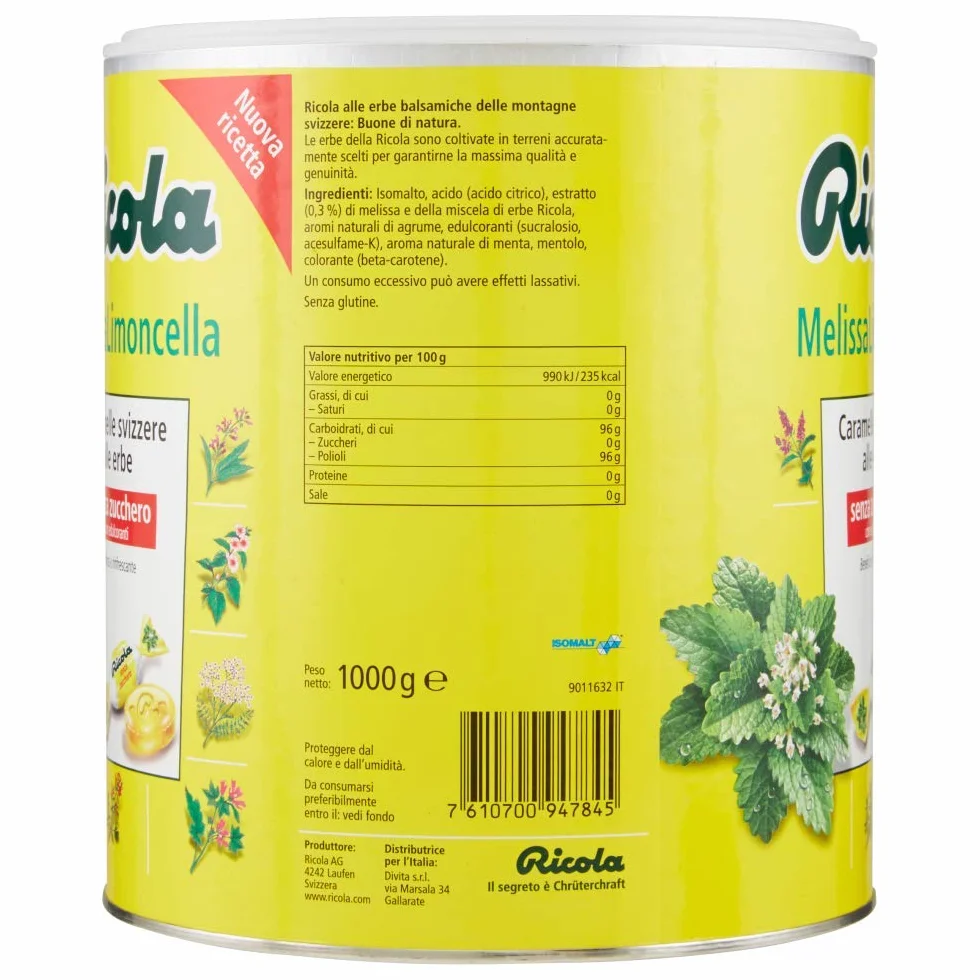 Ricola Bonbons balsamiques aux herbes sans sucre Goût Melissa Limoncella Pot 1 kg