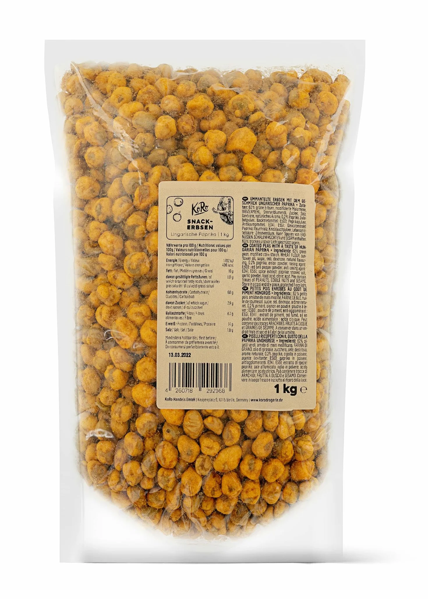 KoRo - Snack aux pois saveur poivron hongrois 1 kg - Petits pois croquants aux épices de paprika - Saveur fumée et épicée - Alternative vegan aux chips traditionnelles