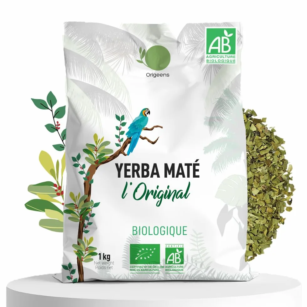 ORIGEENS YERBA MATE BIO 1KG L'Original - Yerba Maté Vert Non Fumé, Récolté à la main - Feuilles, Sans Tige, 0 Poussière - Boisson Energie et Detox