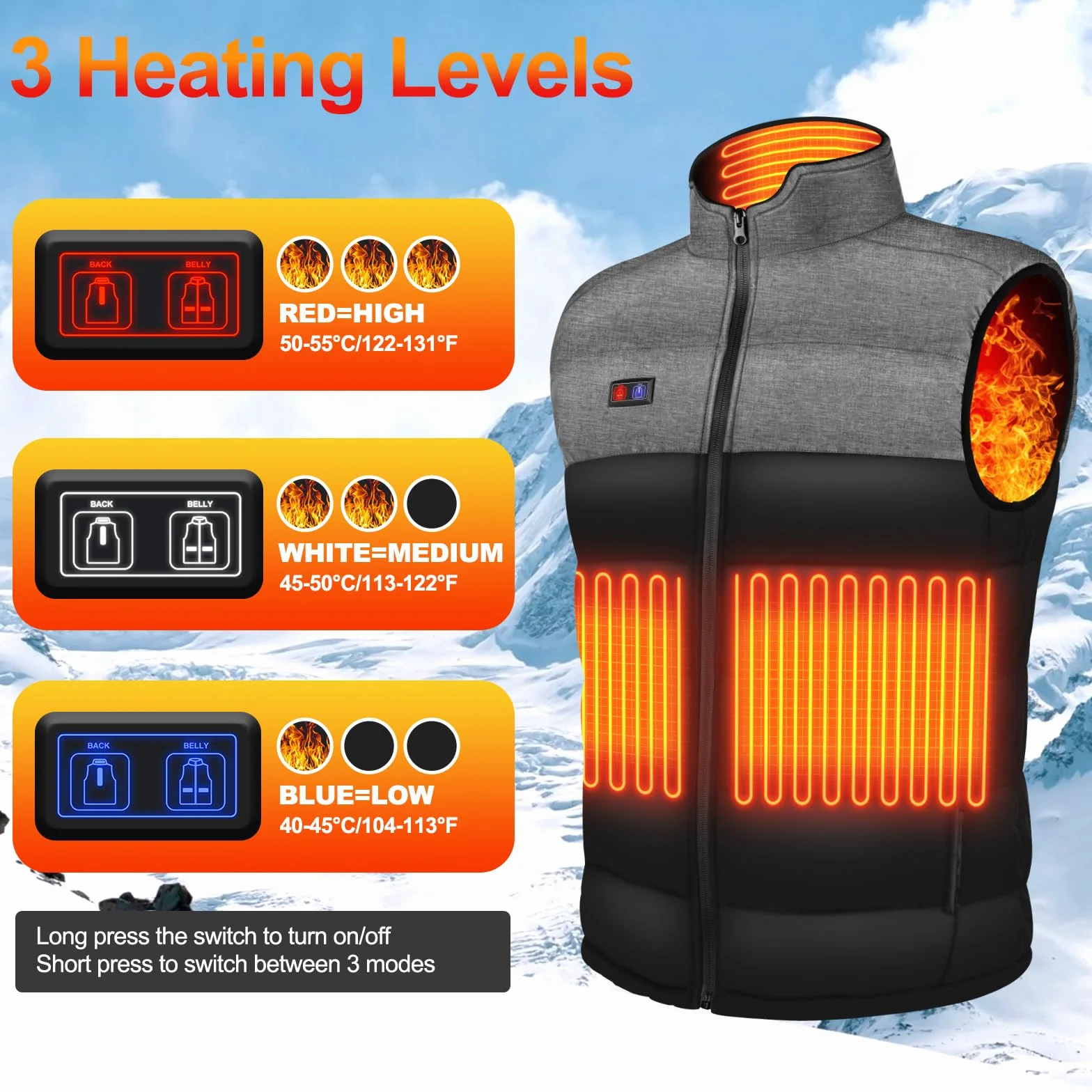 Tonfarb Gilet Chauffant Homme Veste Chauffante 4 Zones de Chauffage 3 Modes de Chauffe Lavable Chauds Gilet Thermique Homme Plein Air Pêche Ski
