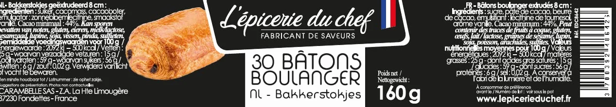 Epicerie du Chef - 30 Bâtons Boulanger Chocolat Noir 90g - Fabriqué en France - EDC8642