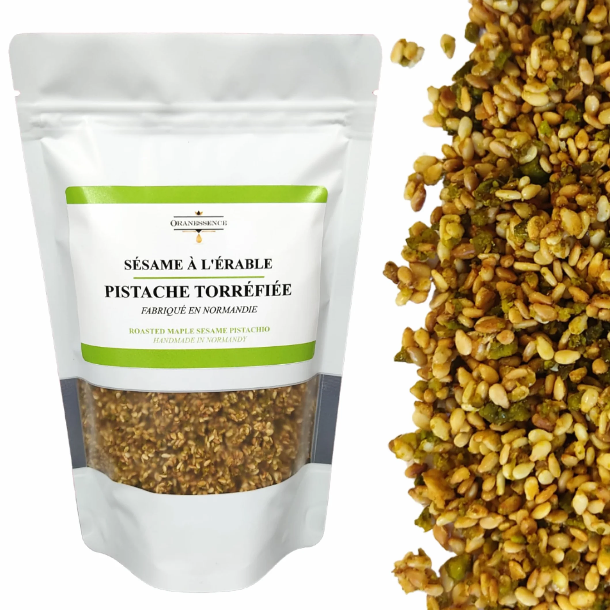 Sésame à l'érable (200g) - Pistache - Topping Dessert - UNIQUE - Fabriqué à la main en Normandie - Assemblage d'Exception - Sans additif, Sans Colorant, Sans Conservateur, non irradié