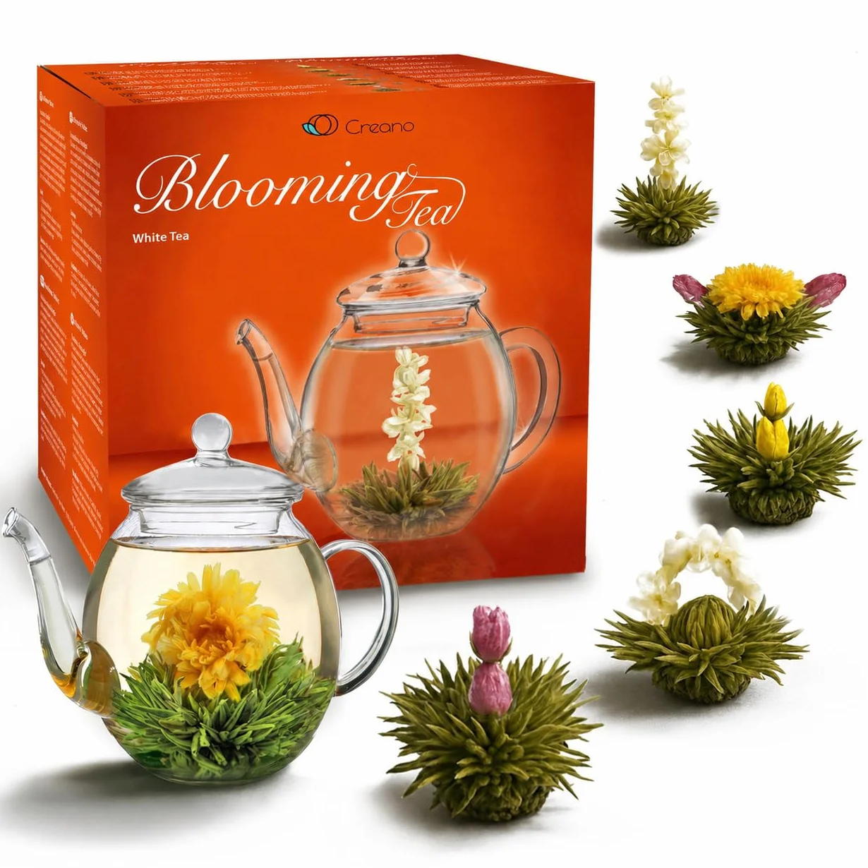 Creano Coffret „Thé en Floraison“ 6 thés de fleurs – Théière en verre 500ml sans goutte – 6 variétés de thé blanc – Idée cadeau exceptionnelle – Verre borosilicate