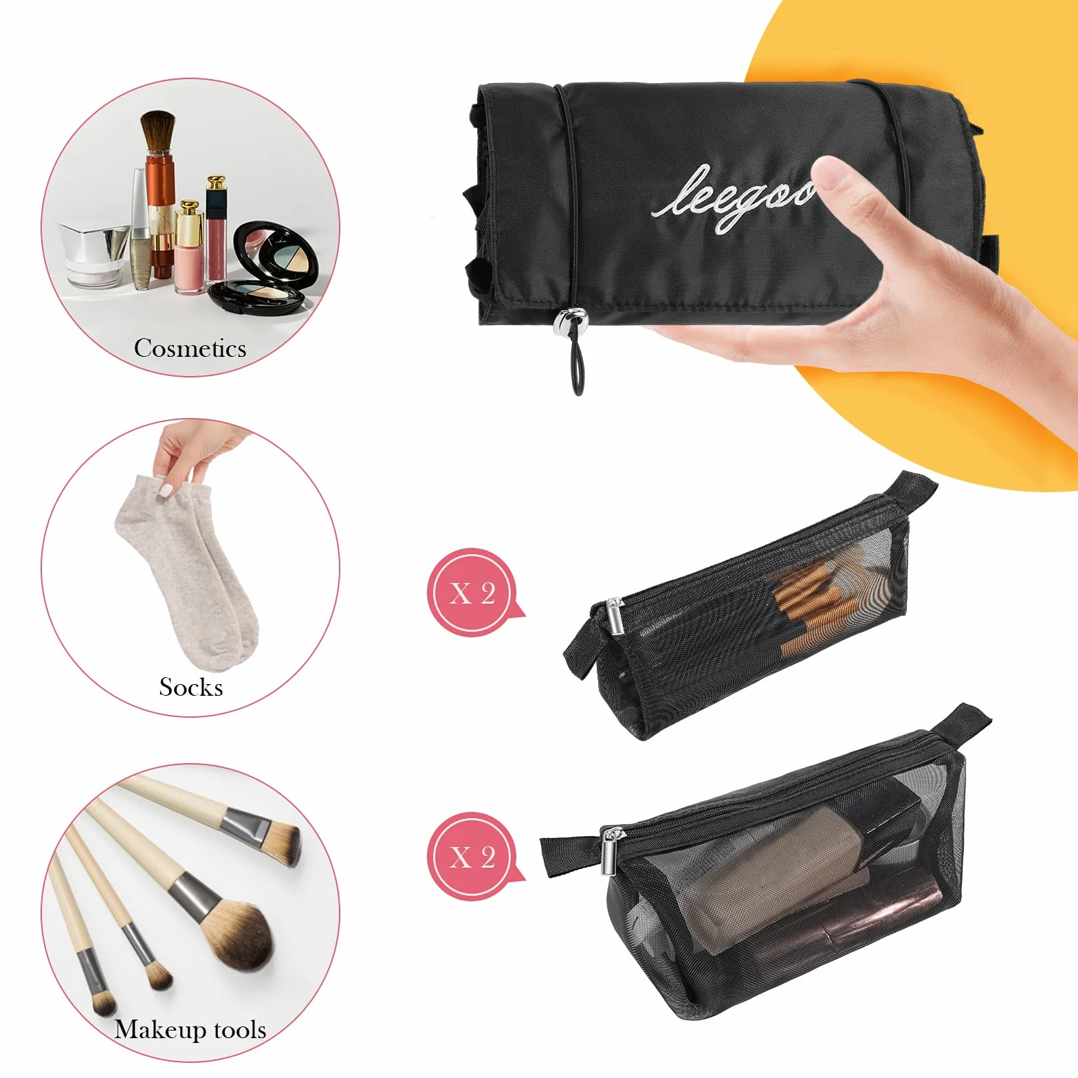 Trousse de Toilette Voyage Pliable Suspendre Détachables 4 en 1, Sac à Cosmétiques Noir