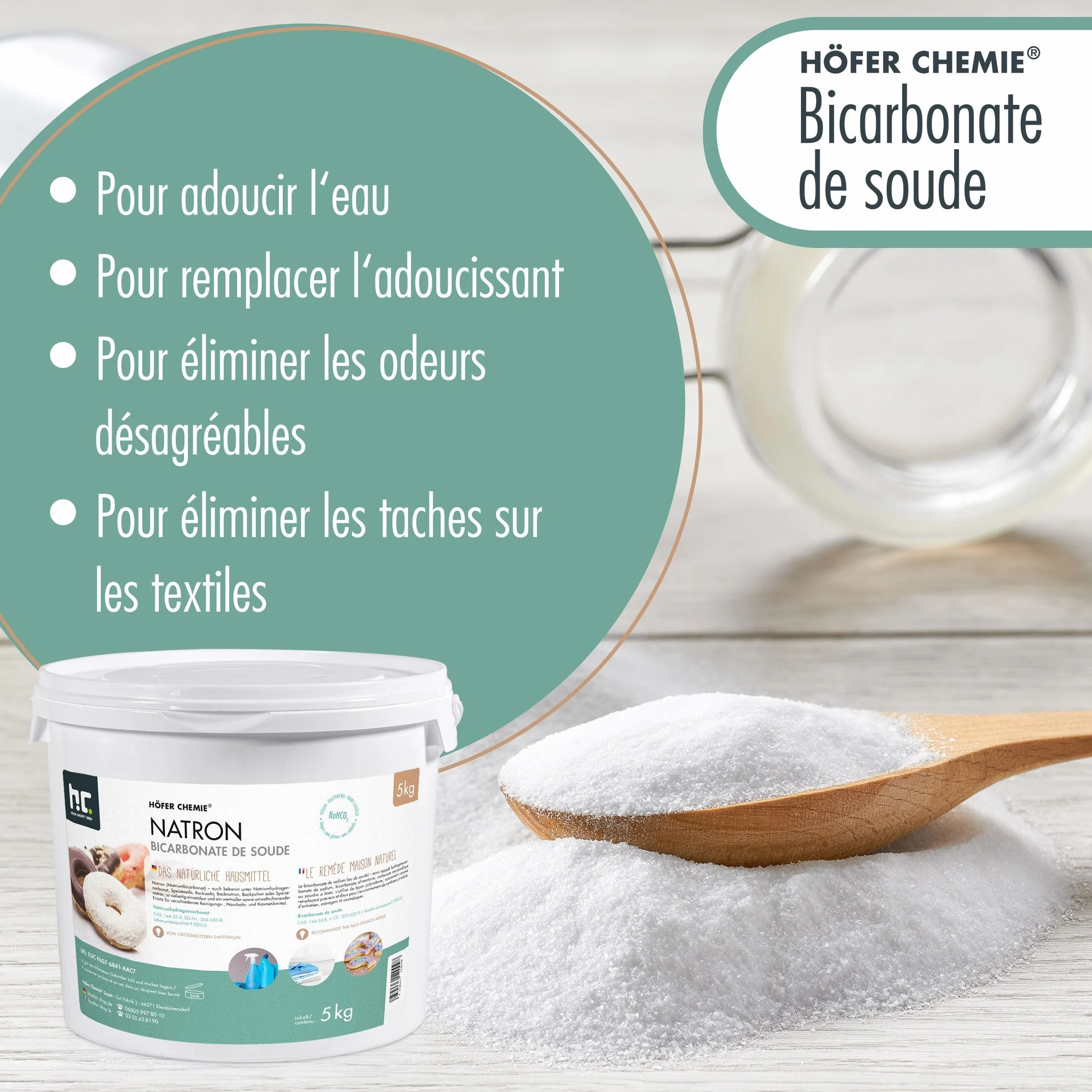 Höfer Chemie 1 X 25 Kg de Bicarbonate de Sodium (Soude) en Qualité Alimentaire - Utilisation Polyvalente pour Cuisine, Nettoyage, Beauté, et Plus