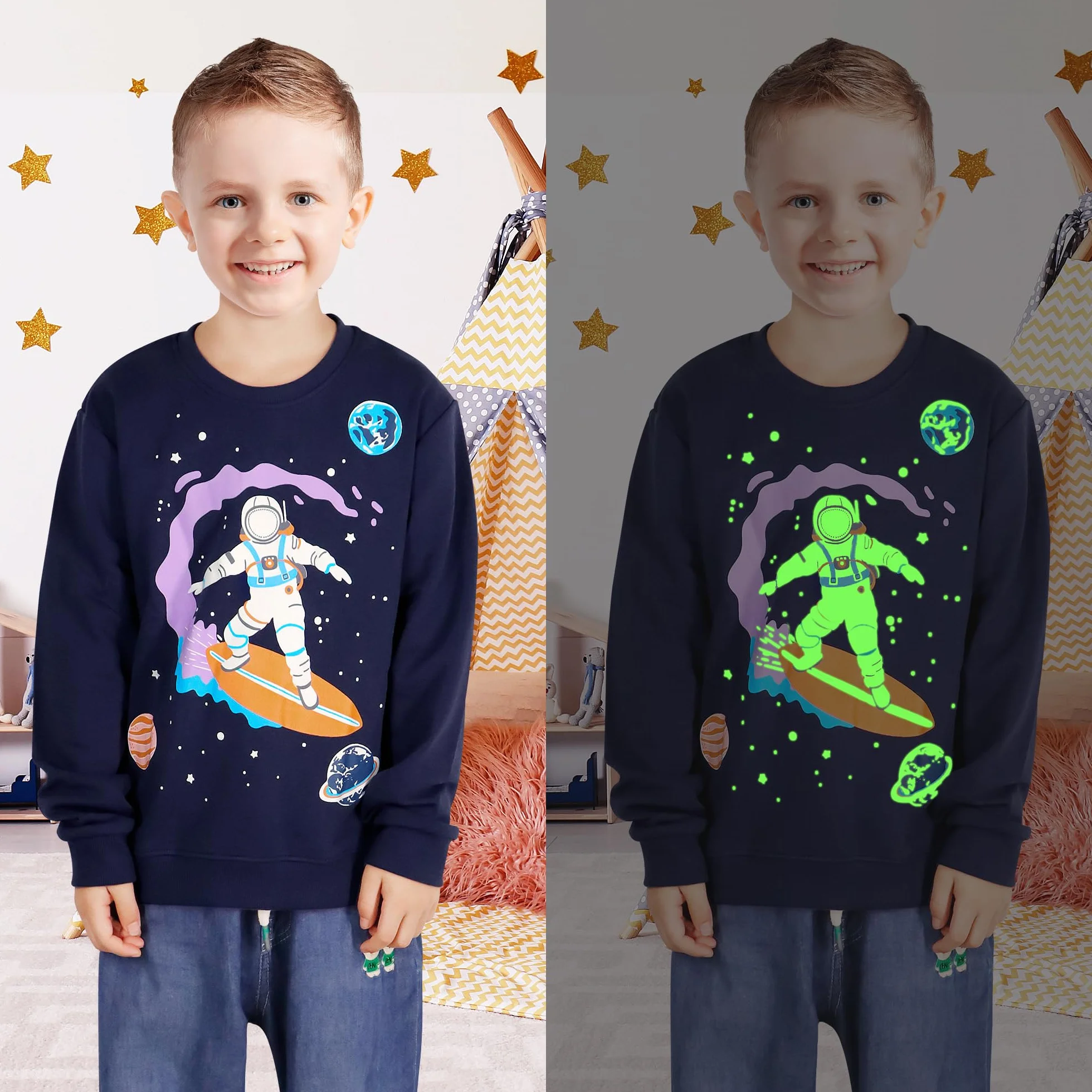 Sweatshirt Garçon Enfant Pull Coton Col Rond Manches Longues Dinosaure, Casual Jumper 2-7 Ans Bleu Marine
