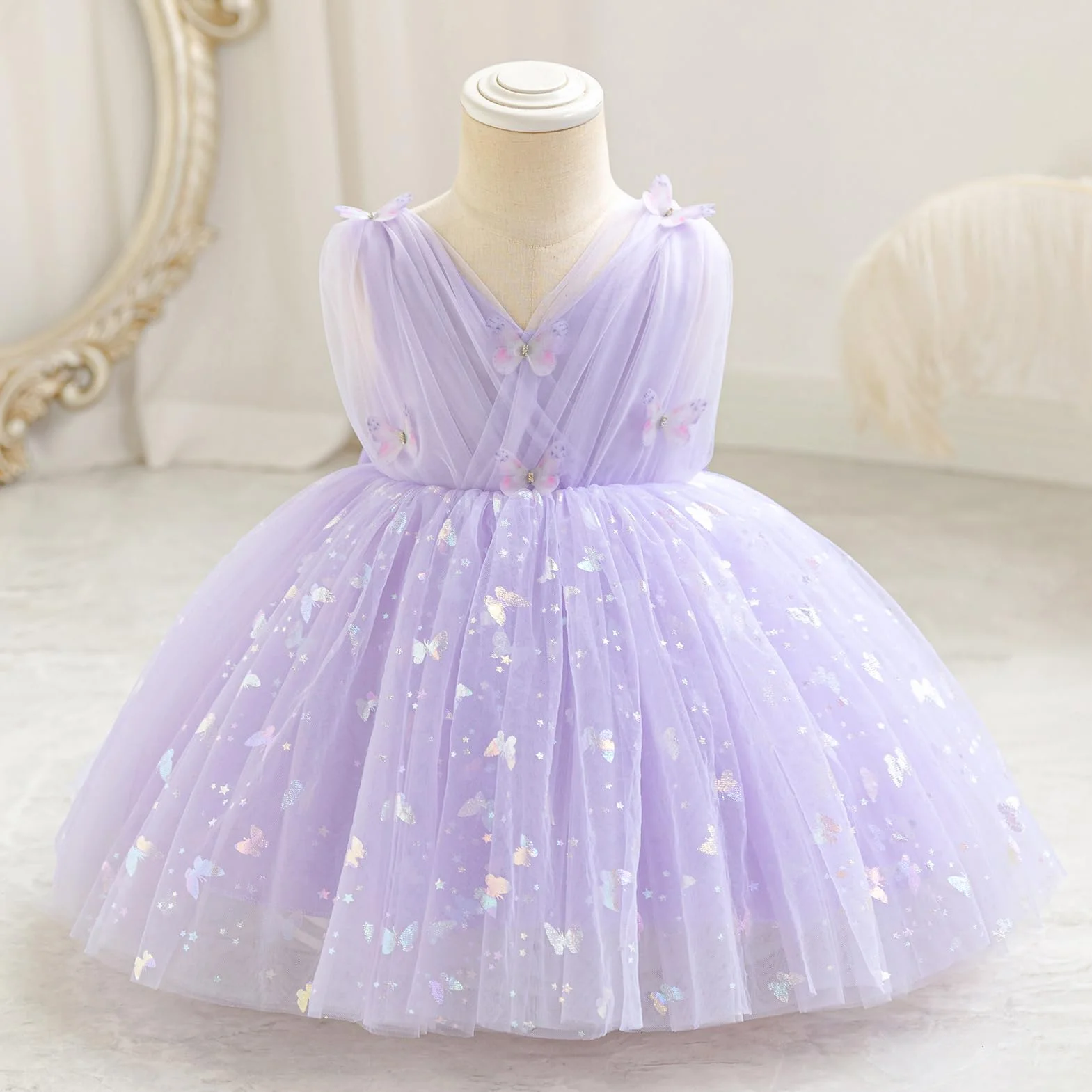 IDOPIP Bébé Fille sans Manches V-Neck Tulle Tutu Robe Princesse Fleur Anniversaire Célébration Robe De Bal