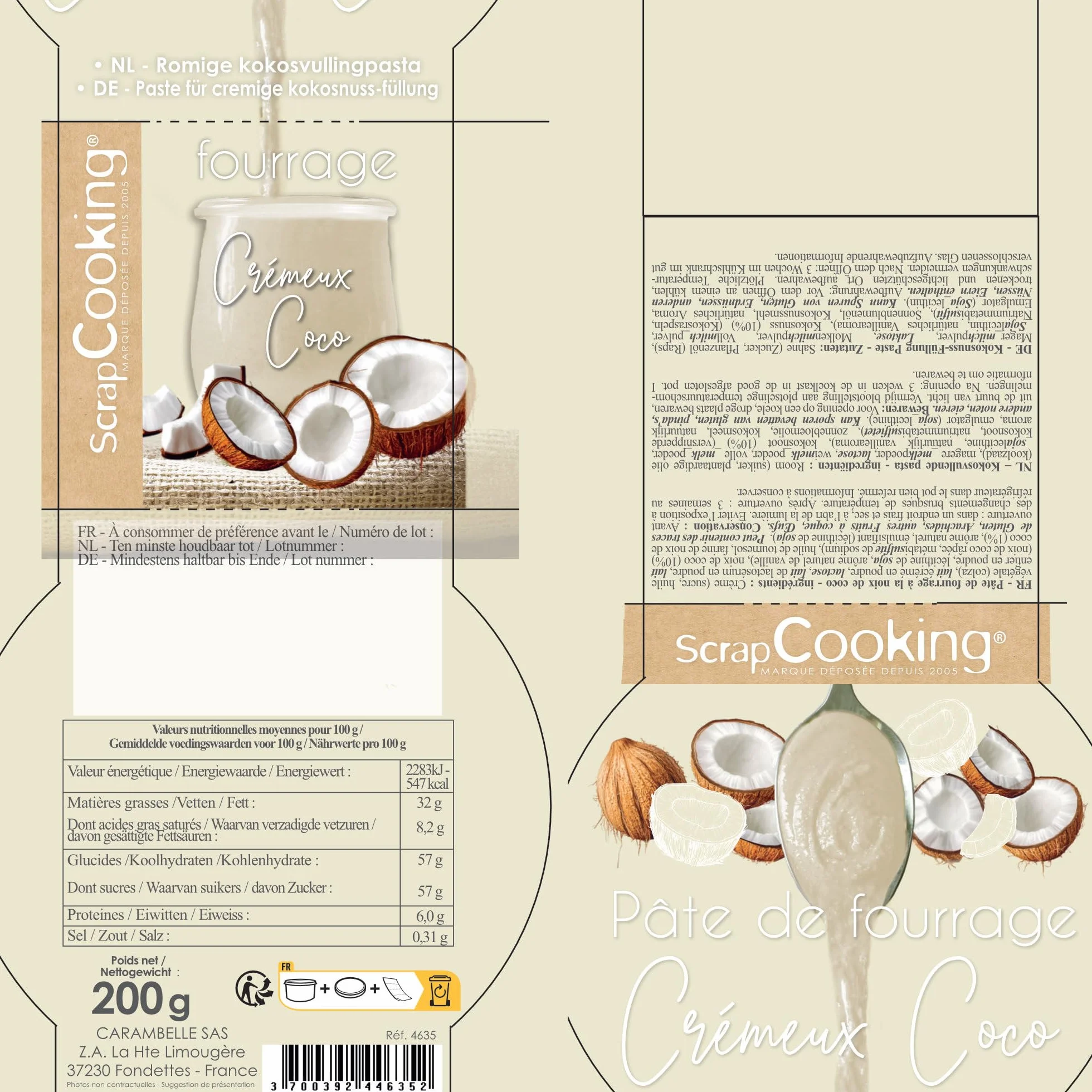 ScrapCooking - Pâte de Fourrage Crémeux Coco 200 g - Pour Fourrer Tablettes, Éclairs, Choux, Rochers, Macarons, Gâteaux, Bûches de Noël & Cookies - Noix de Coco - Pâtisserie - 4635