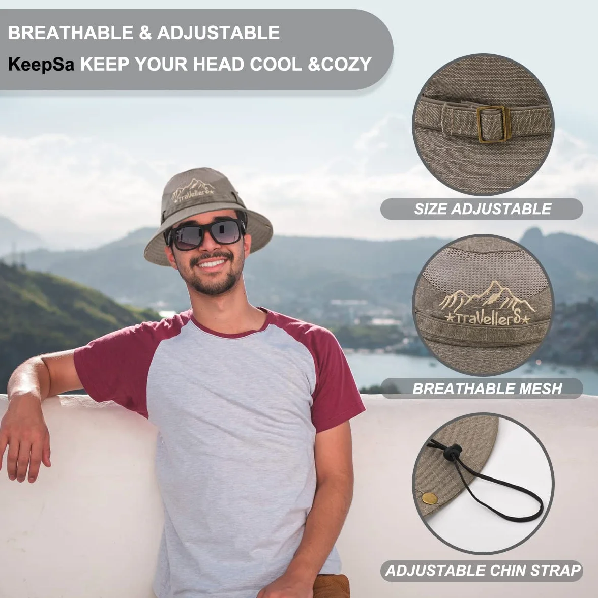 Chapeau Bucket Homme Femme Anti UV Pliable Coton Respirant Sangle Menton Réglable