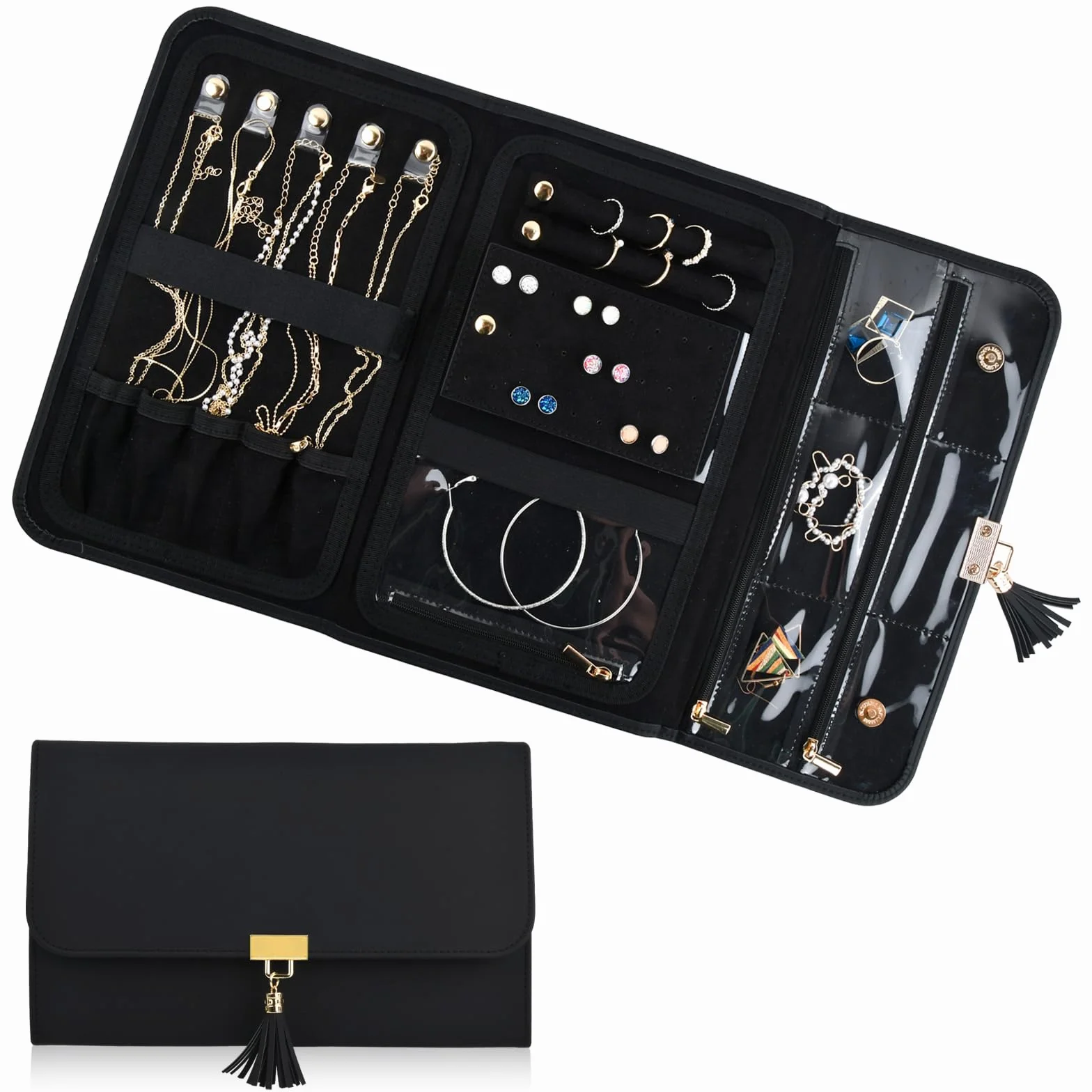 Sac à Bijoux en Rouleau, Pochette Bijoux Voyage Pliable, Rouleau de Bijoux pour Boucles d'Oreilles Bagues Colliers Bracelets (Noir)