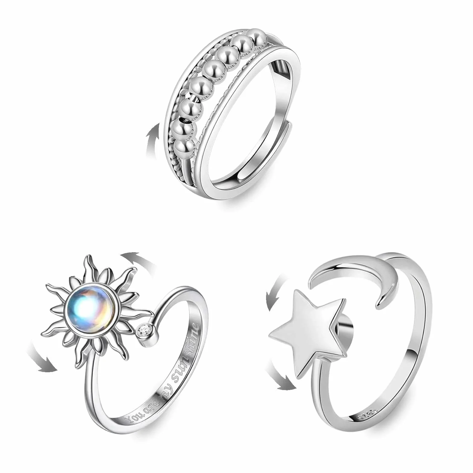 Anneaux de décompression 3 Pcs Bague Anti Stress Femme Argent Ajustables Rotatives Étoile Lune Soleil