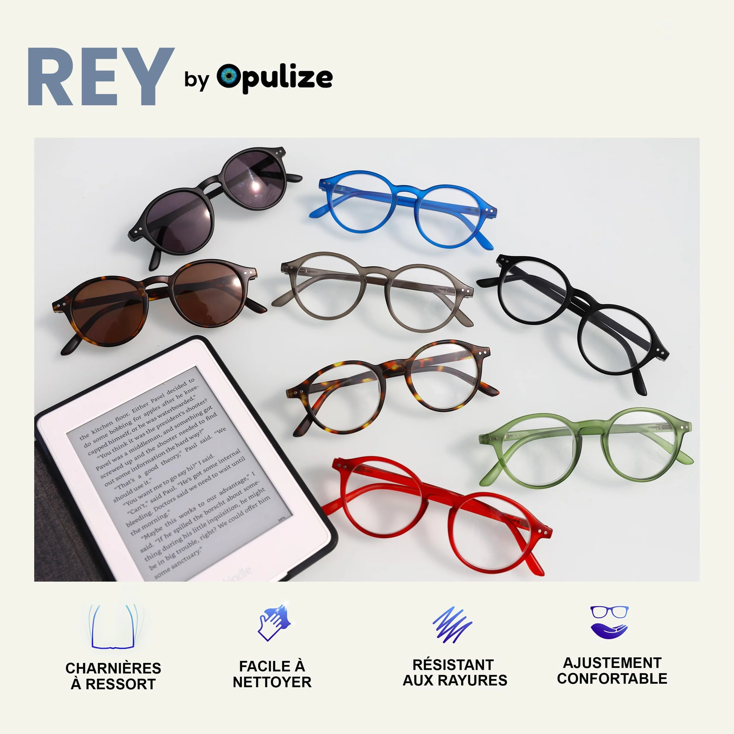 OPULIZE REY Lunettes de Lecture + Solaires Lot de 5 Montures Rondes Noir Mat Marron Bleu Gris Noir Hommes Femmes +3.00
