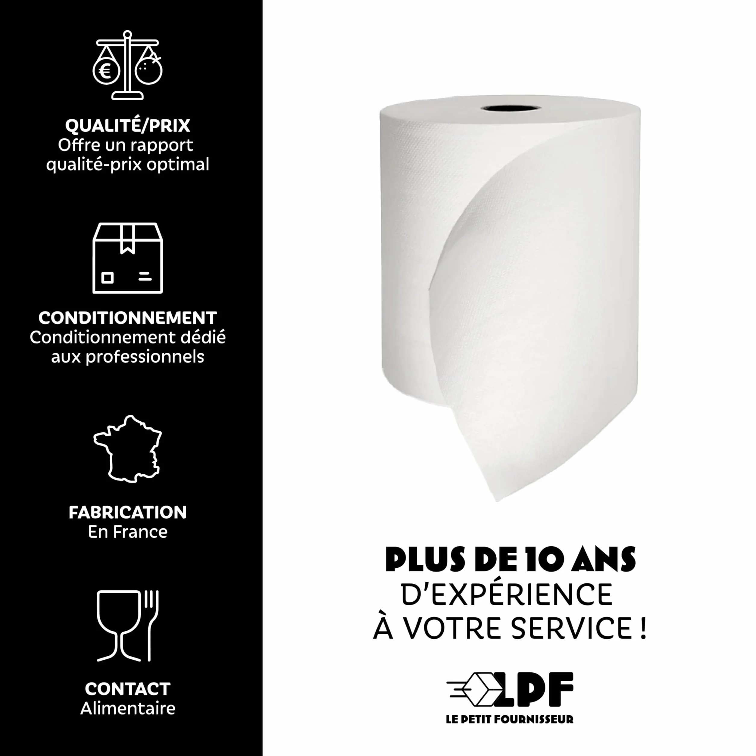 LPF LE PETIT FOURNISSEUR – Essuie-Tout Professionnel Dévidage Central – 450 Feuilles 18x18cm – Double Épaisseur Pure Ouate – Absorbant & Résistant – Contact Alimentaire – Made in France – Lot de 6