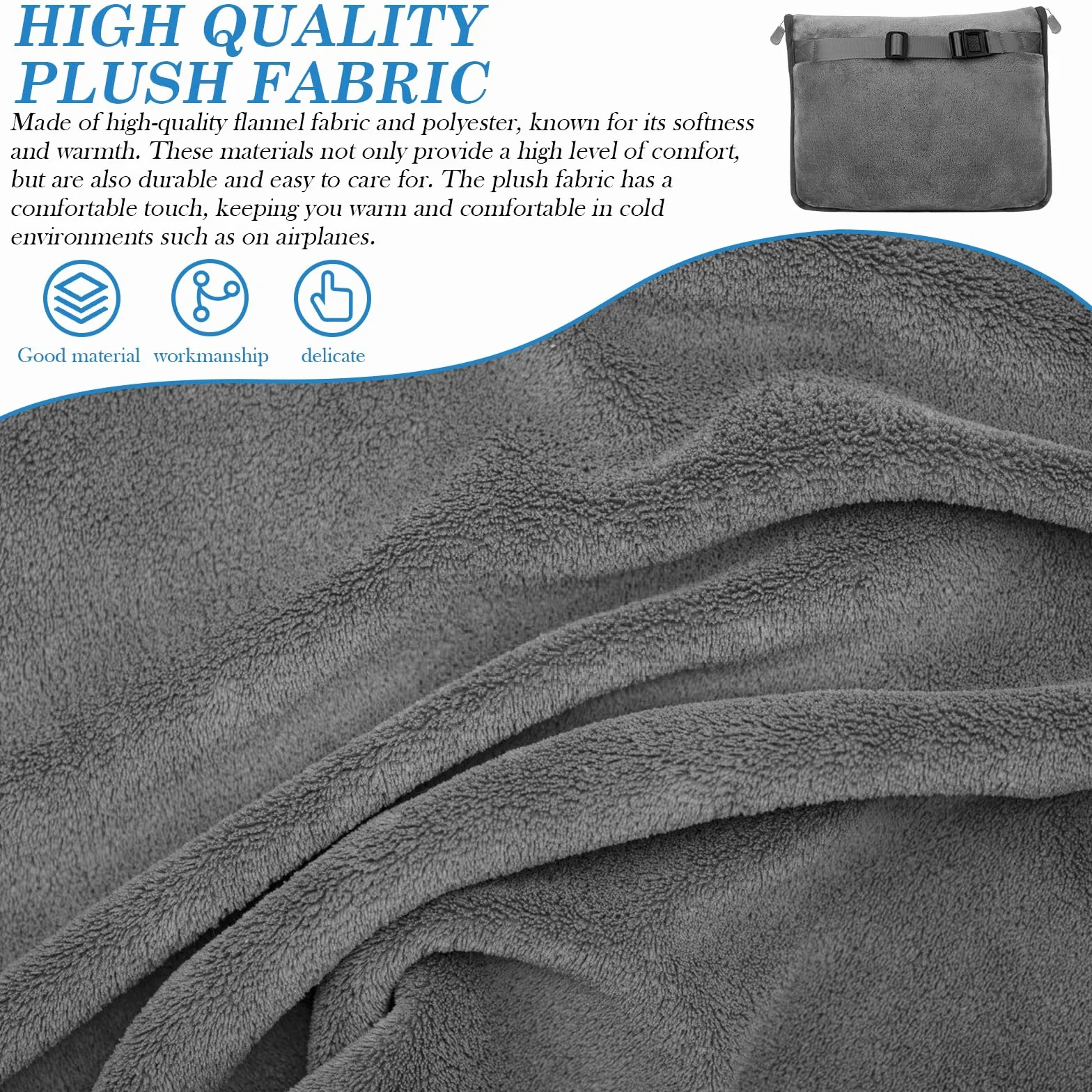 Couverture de Voyage 2 en 1 Coussin Transformable Portable Fixation Valise Ultra Légère Chaude Gris 152 x