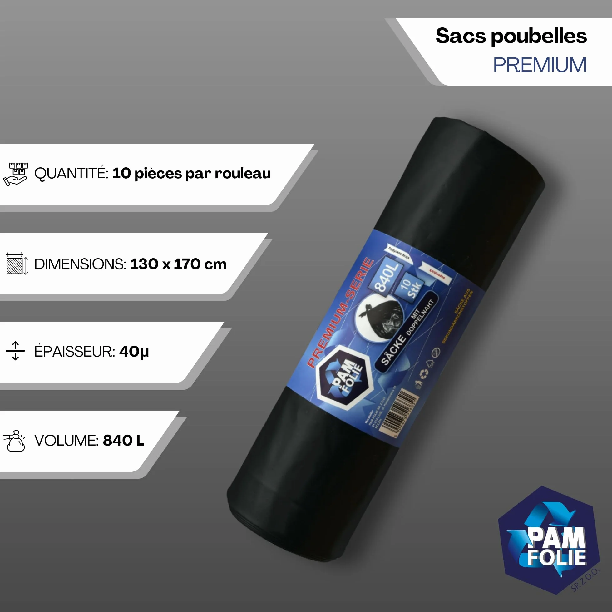 Sacs poubelle 840L - 10 pièces - XXL grands Sacs poubelle pour déchets de chantier, Premium - 130x170cm - 40µm - Sac poubelle noir - Sacs pour Polystyrène expansé