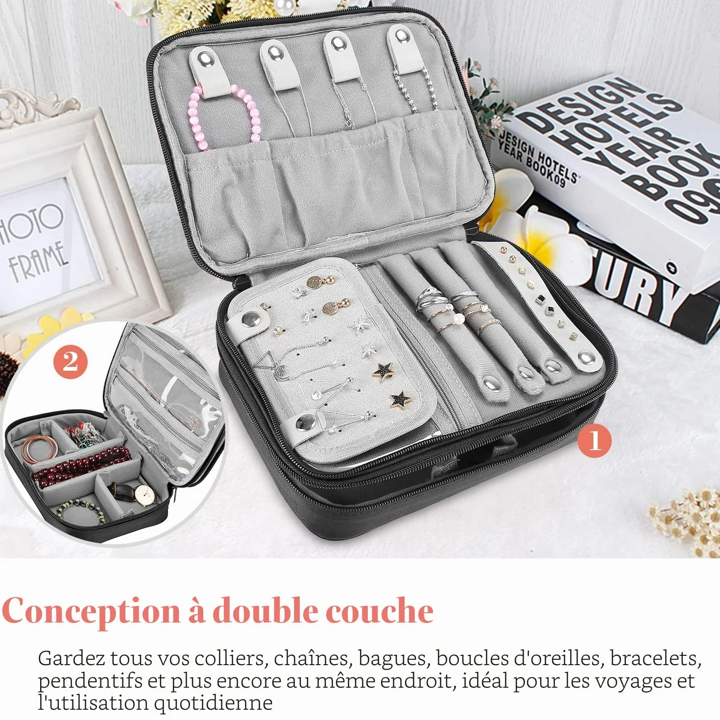 ProCase Trousse à Bijoux de Voyage, Boîte de Rangement Double Couche, pour Bagues, Boucles d'oreilles, Colliers, Noir