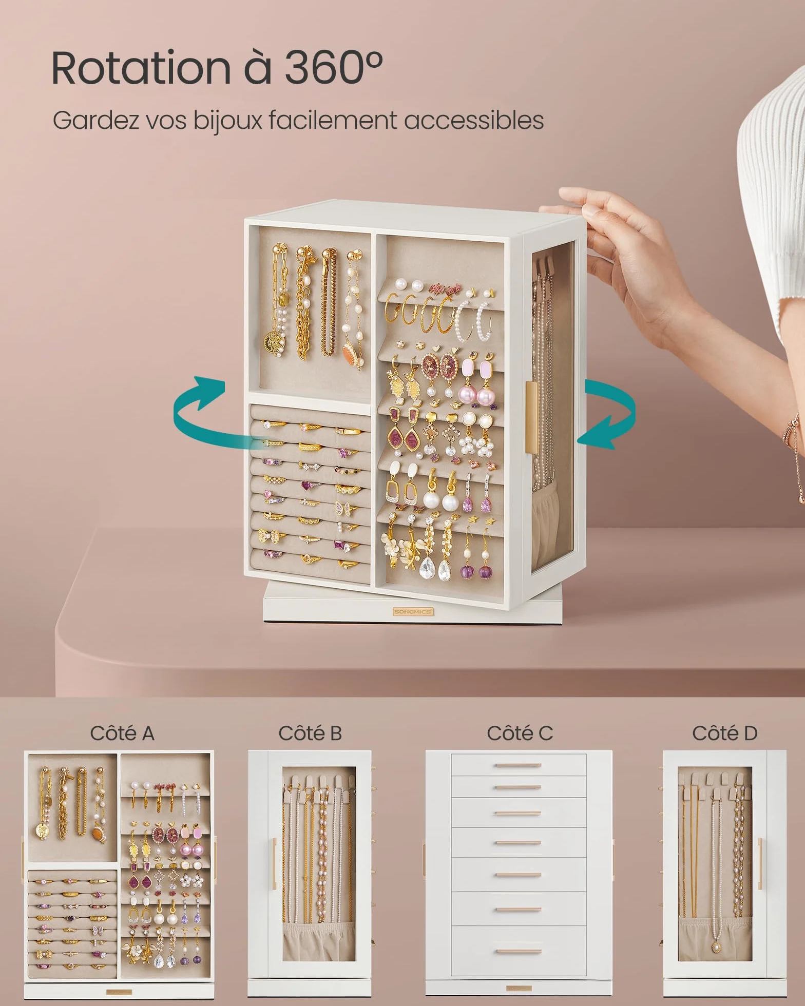 SONGMICS GISELLA Boîte à Bijoux Rotative 360° Coffret 7 Tiroirs Fenêtres en Verre Latérales Grand Rangement Blanc Nuage JBC201W01