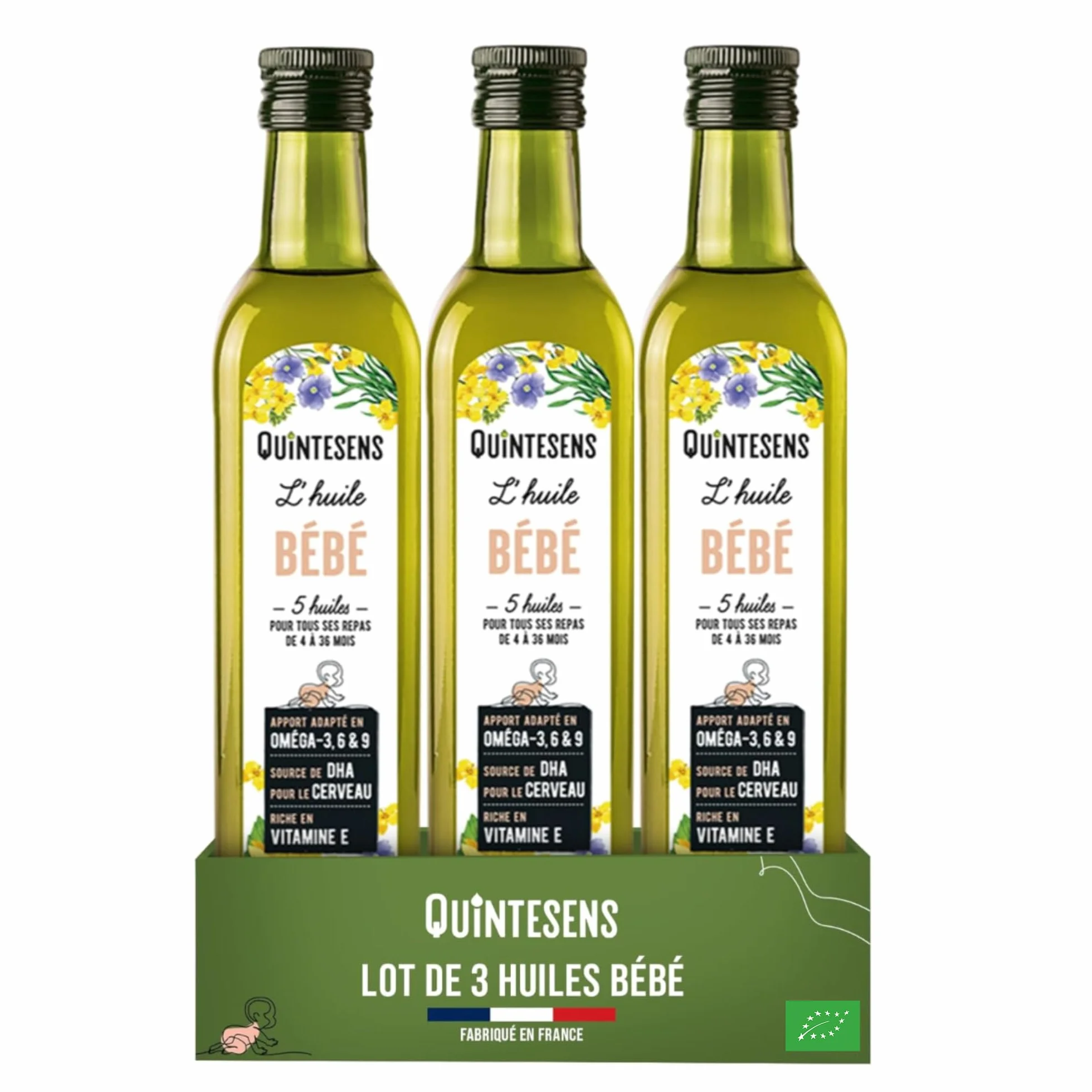 Lot 3 Huiles Bébé QUINTESENS 250 ml - Développement cérébral et Protection cellulaire - Apports en DHA, Oméga 3, 6 & 9 et Vitamine E - Production 100% Française - 4-36 Mois