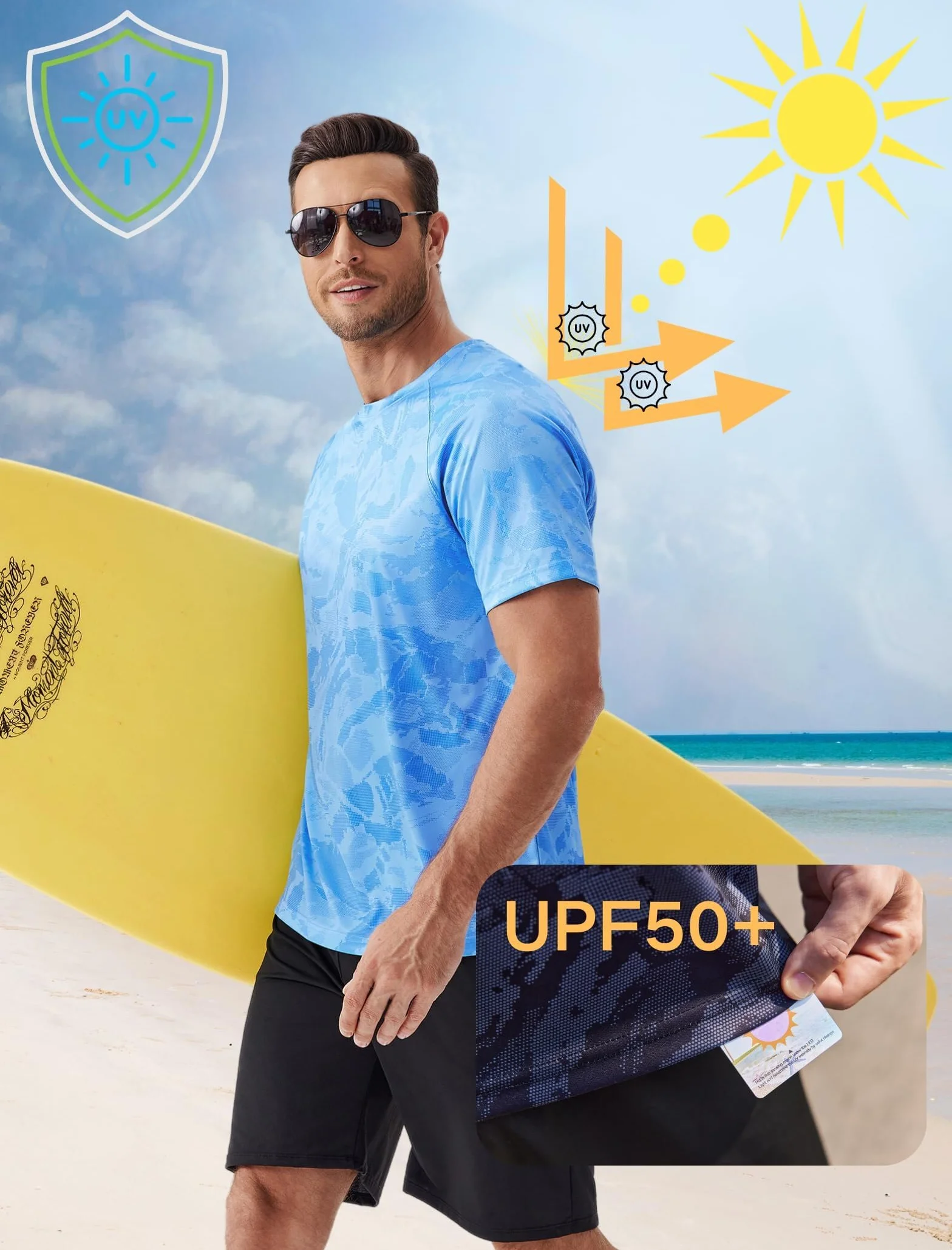 PINSPARK T-Shirt UV Homme Rashguard Sport UPF 50+ Manches Courtes Léger Natation Surf