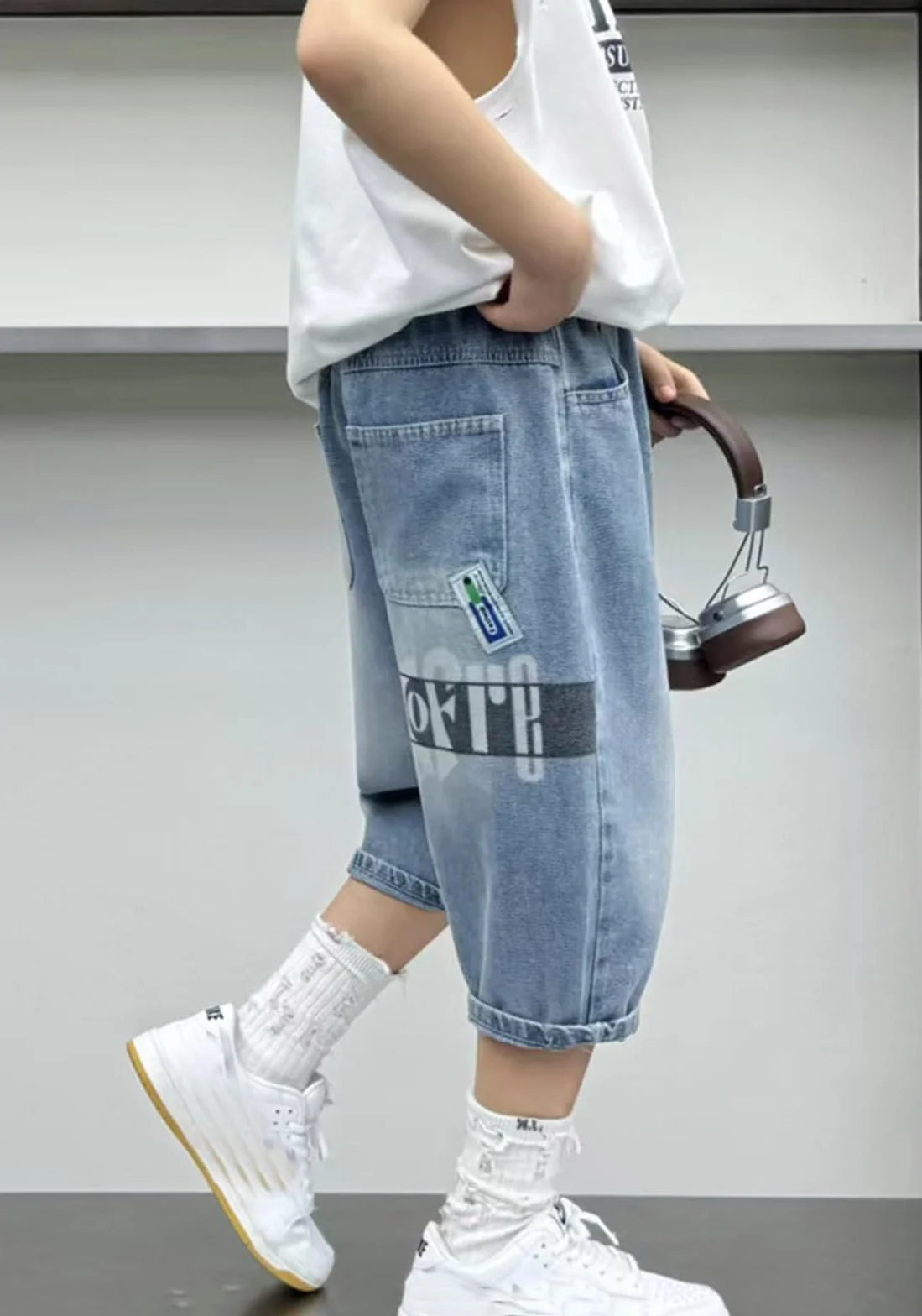 Shorts Baggy Jeans Longueur Genou Sport Solide Garçon 4-14 Ans