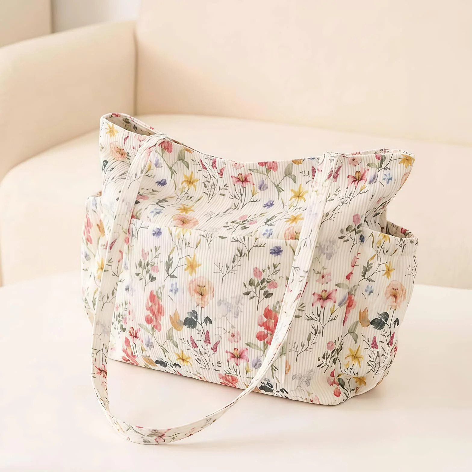 Grande Sac Shopping en Côtelé pour Femmes, Sac à Épaule en Toile Réutilisable avec Fermeture Éclair et Poches Multiples
