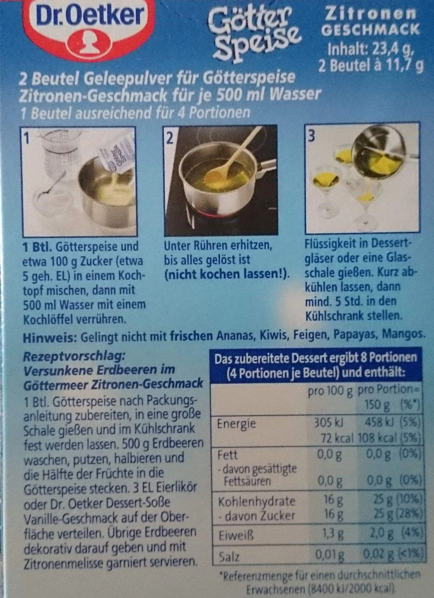 Dr. Oetker - Gelée au citron (Götterspeise Zitronen Geschmack) | Poids Total 23 grams