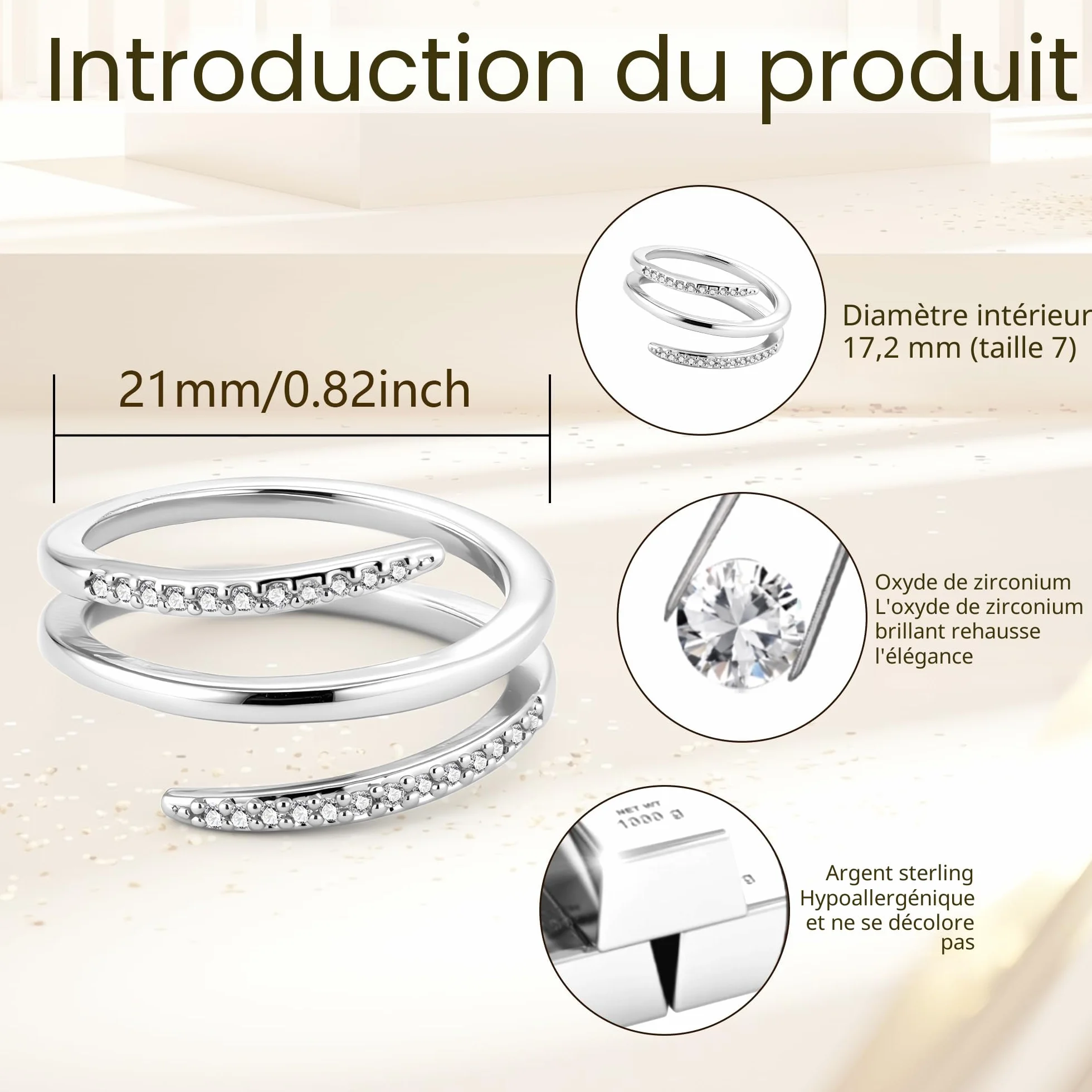 ALEXCRAFT Bague Argent 925 Femme Infini Zircone Réglable Hypoallergénique