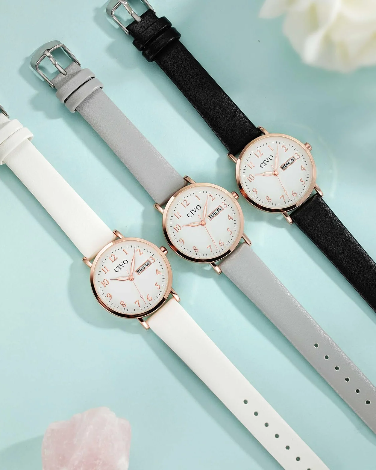CIVO Montre Femme Analogique 35mm Cadran Clair Grands Chiffres Aiguilles Lumineuses Date Jour Bracelet Cuir