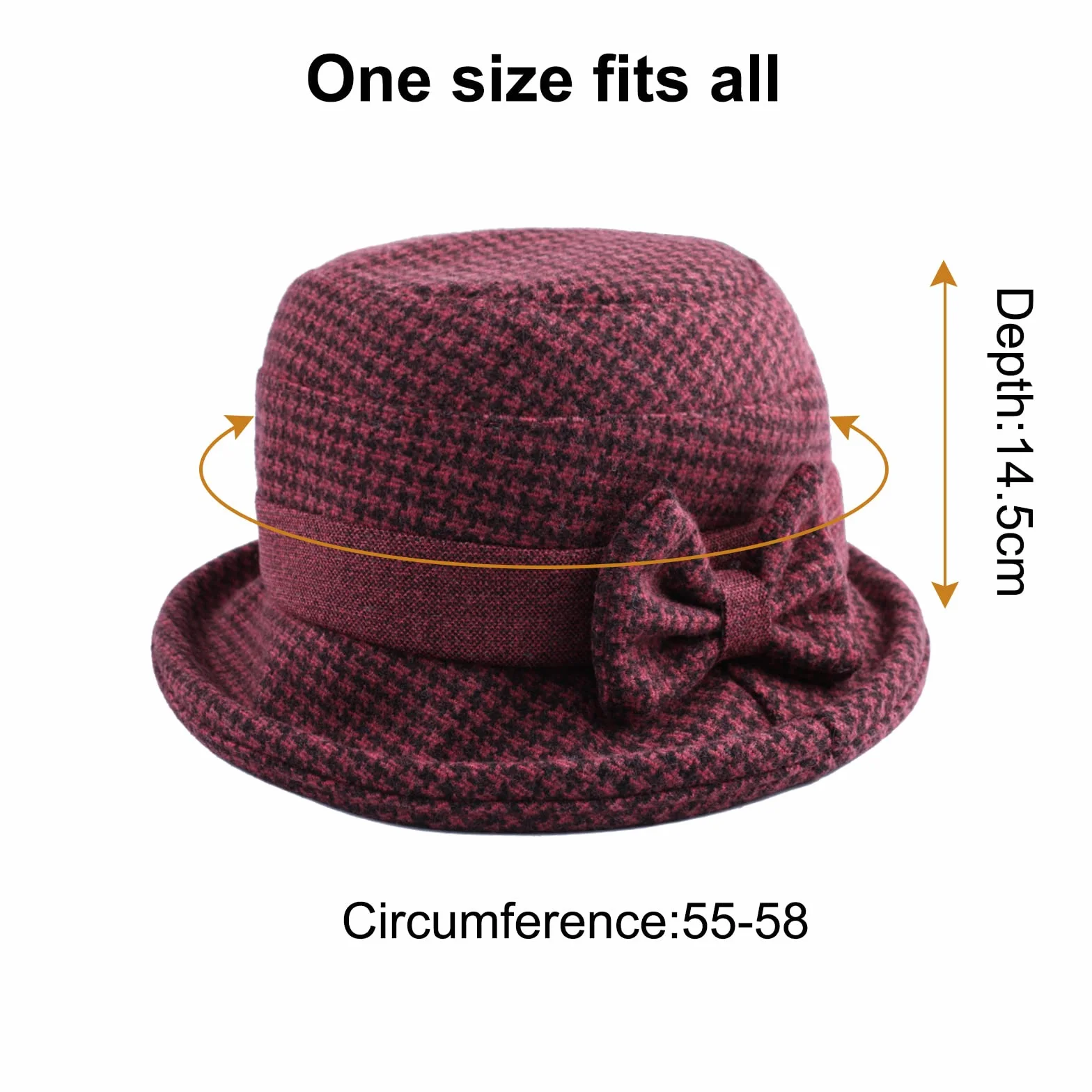 Adigaber Chapeau Melon Femme Bord Enroulable Hiver Rétro Cloche Nœud Réglable