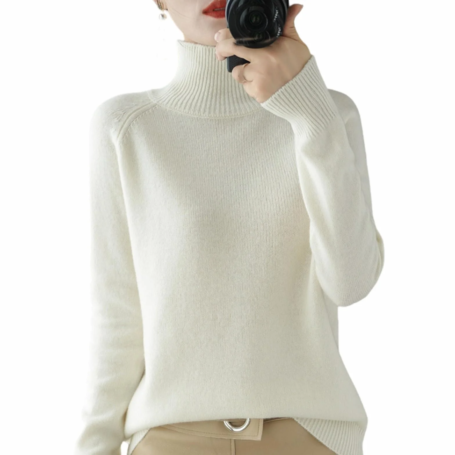 Pull en Tricot à col roulé Cachemire Laine Chaude Manches Longues