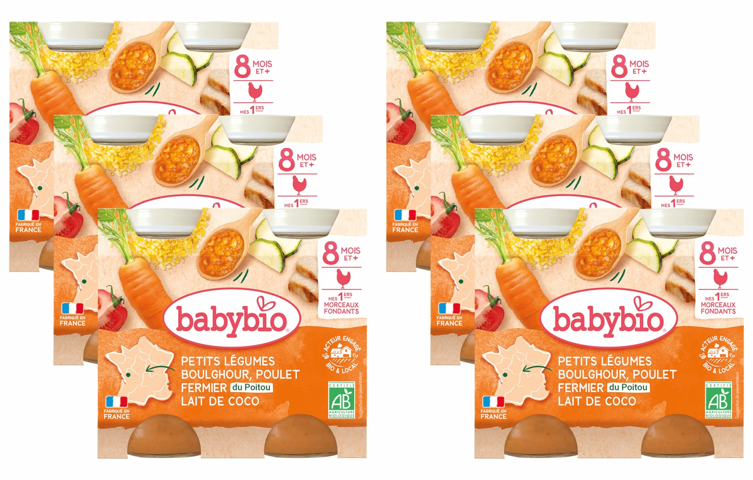 Babybio - Petits pots - Petits légumes Boulghour Poulet Lait de coco avec morceaux - BIO - 8+ mois - 2x200g - Lot de 6