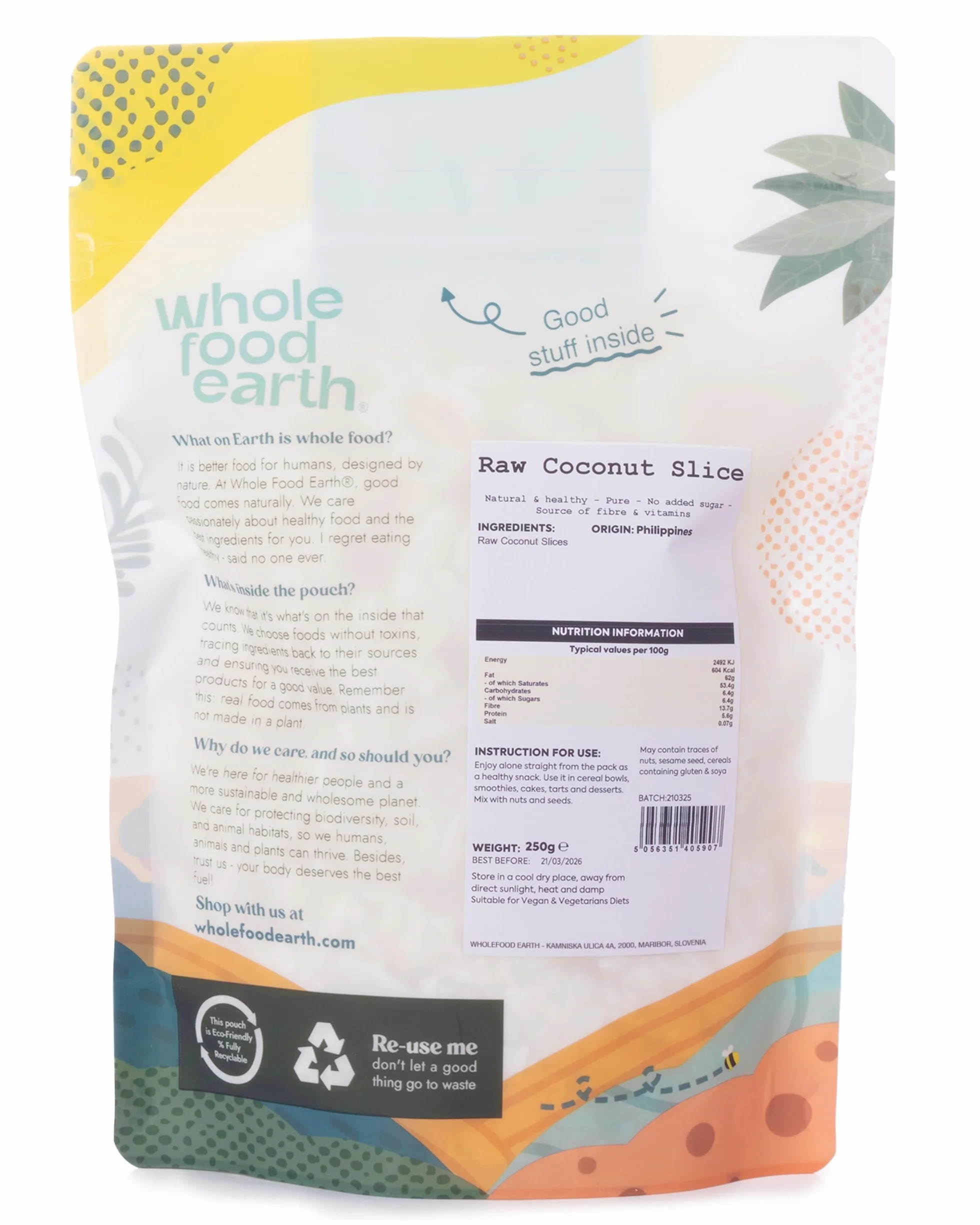 Wholefood Earth Tranche de noix de coco brute 250 g | Sans OGM | Naturel | Haute teneur en fibres, l'emballage peut varier