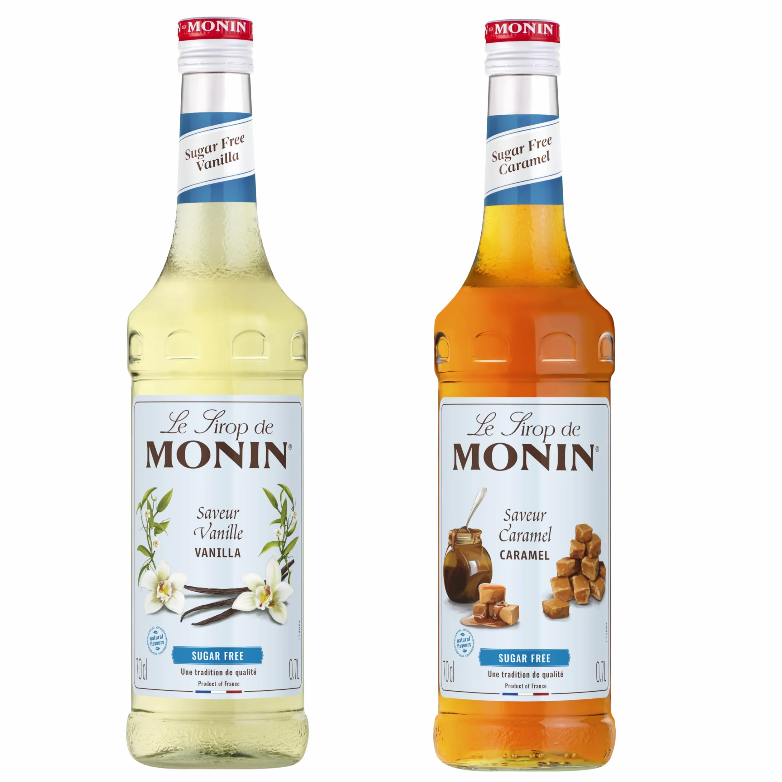 MONIN - Assortiment Vanille & Caramel Sans Sucre - Pour Café, Chocolat Chaud, Capuccino ou Latte - Arômes Naturels - Bouteille en Verre - 2 x 70 cl