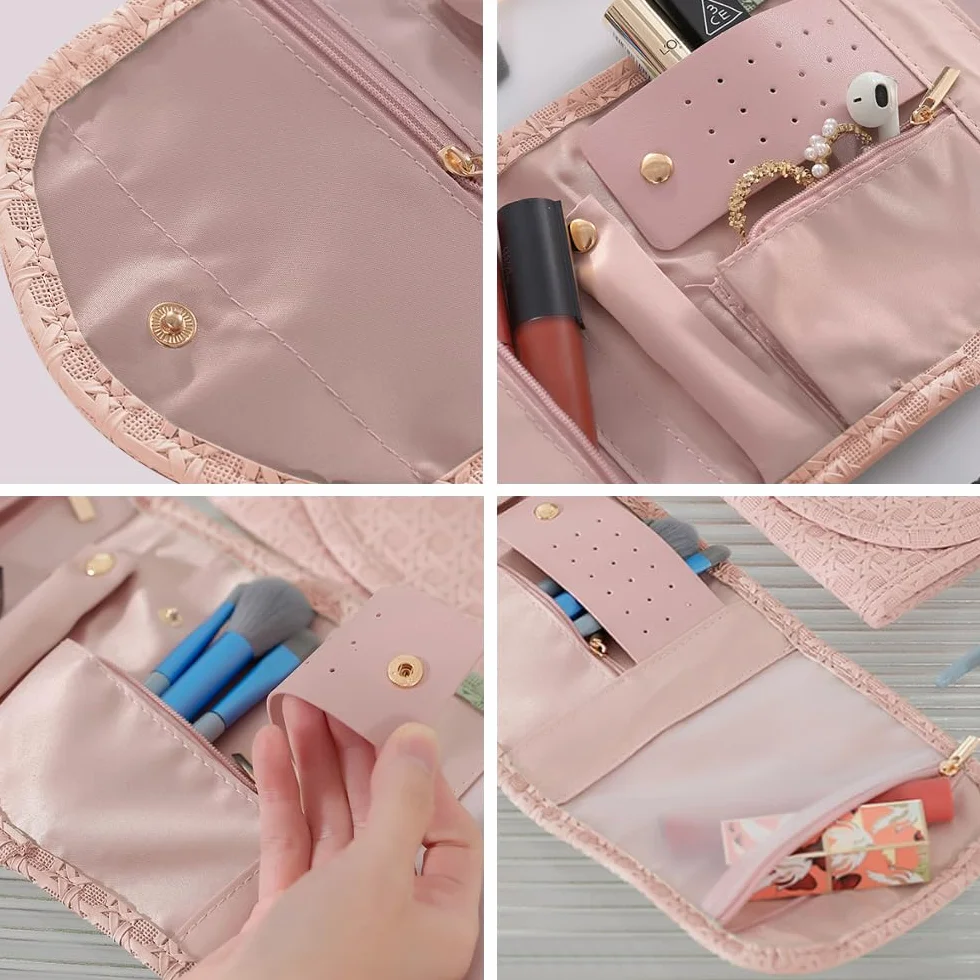 Pochette Rouleau à Bijoux de Voyage en Cuir, Sac Organisateur de Bijoux Rose