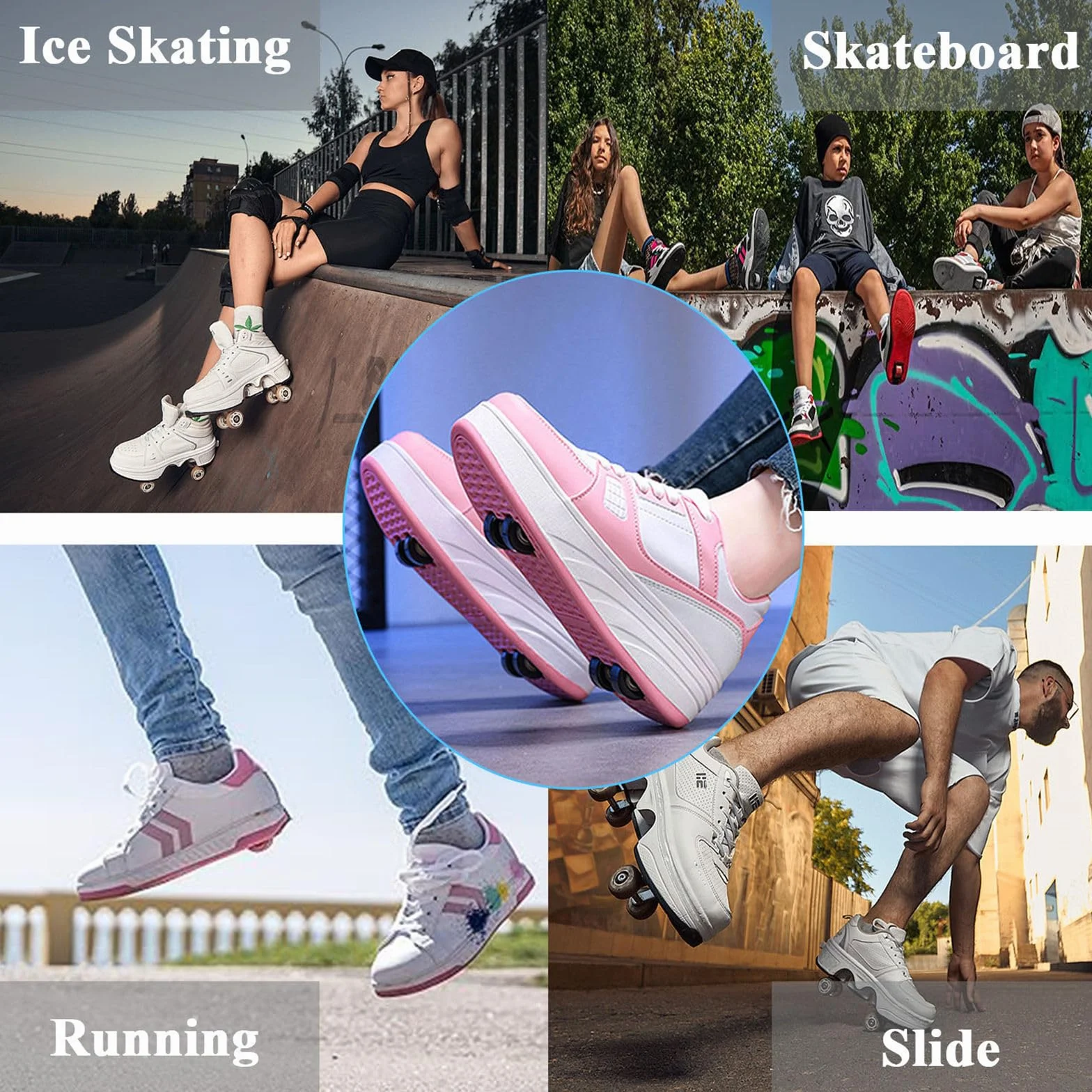 Surwin Chaussures Roulettes Enfant Fleur Broderie Basket 2 en 1 Sneakers Roller Respirant Skateboard