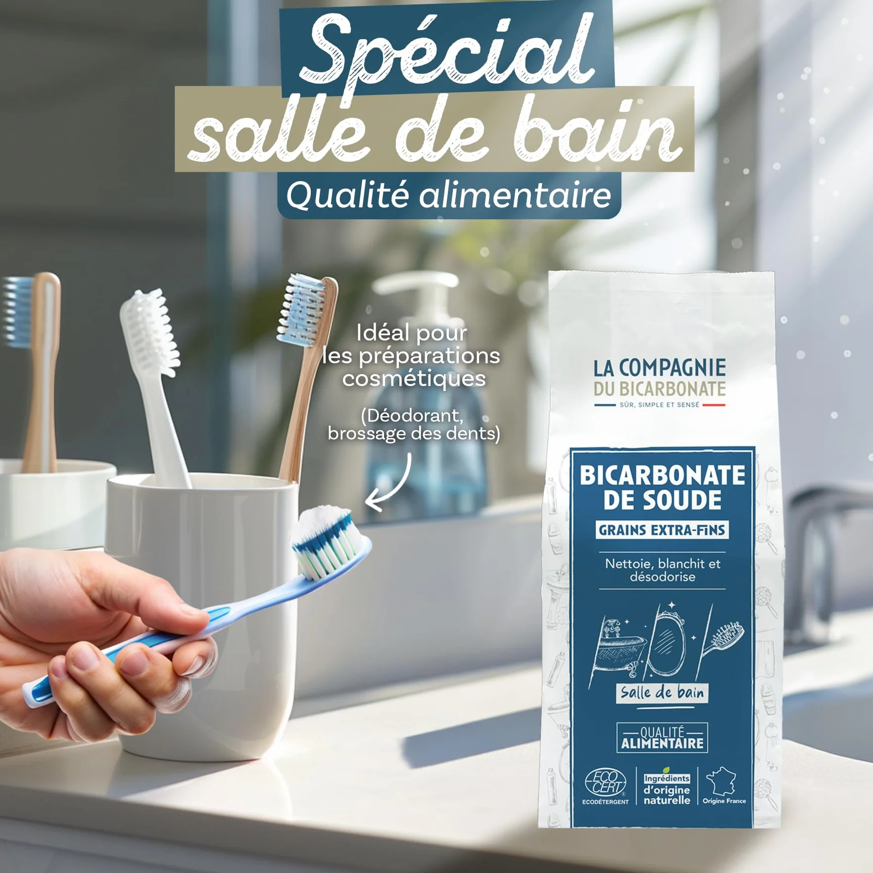 Bicarbonate de Soude Extra Fin - Sachet Kraft 1kg - certifié par ECOCERT - Usage Dentaire, Cosmétique, Déodorant, Maison - Poudre Polyvalente Ultra Pure - La Compagnie du Bicarbonate
