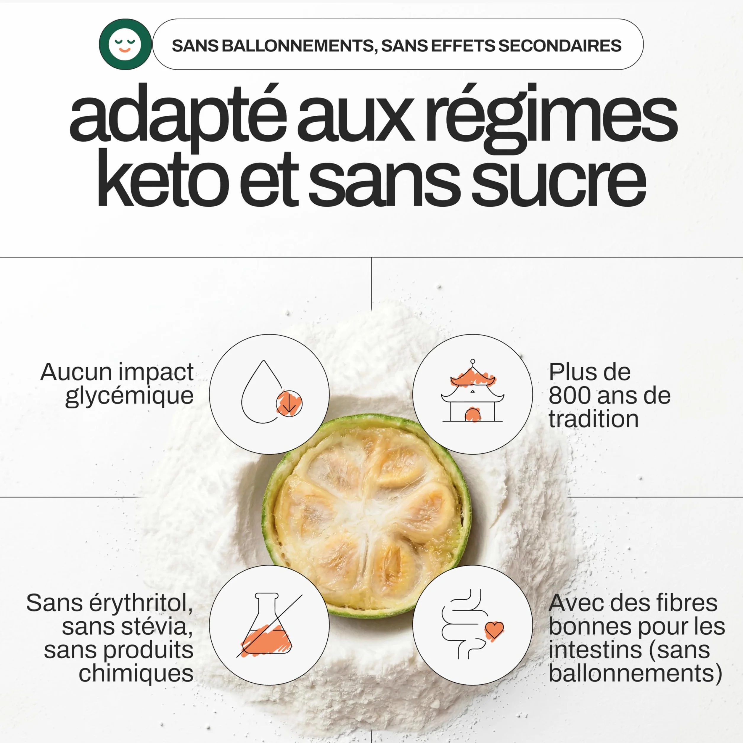 Fruit du Moine Poudre 200g, 3x Plus Sucré que le Sucre, Monk Fruit Sweetener, 100% Naturel avec Fibres Prébiotiques, Faible Calorie | Keto & Vegan | Sans Gluten, Non-GMO, Happy Monkfruit®