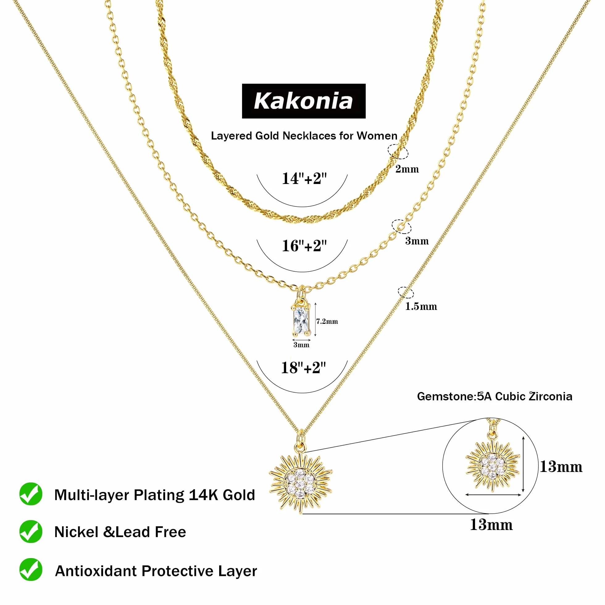Kakonia Colliers Femmes Or 14K Pendentif Personnalisé Chaîne Délicate Bijoux Tendance Empilés