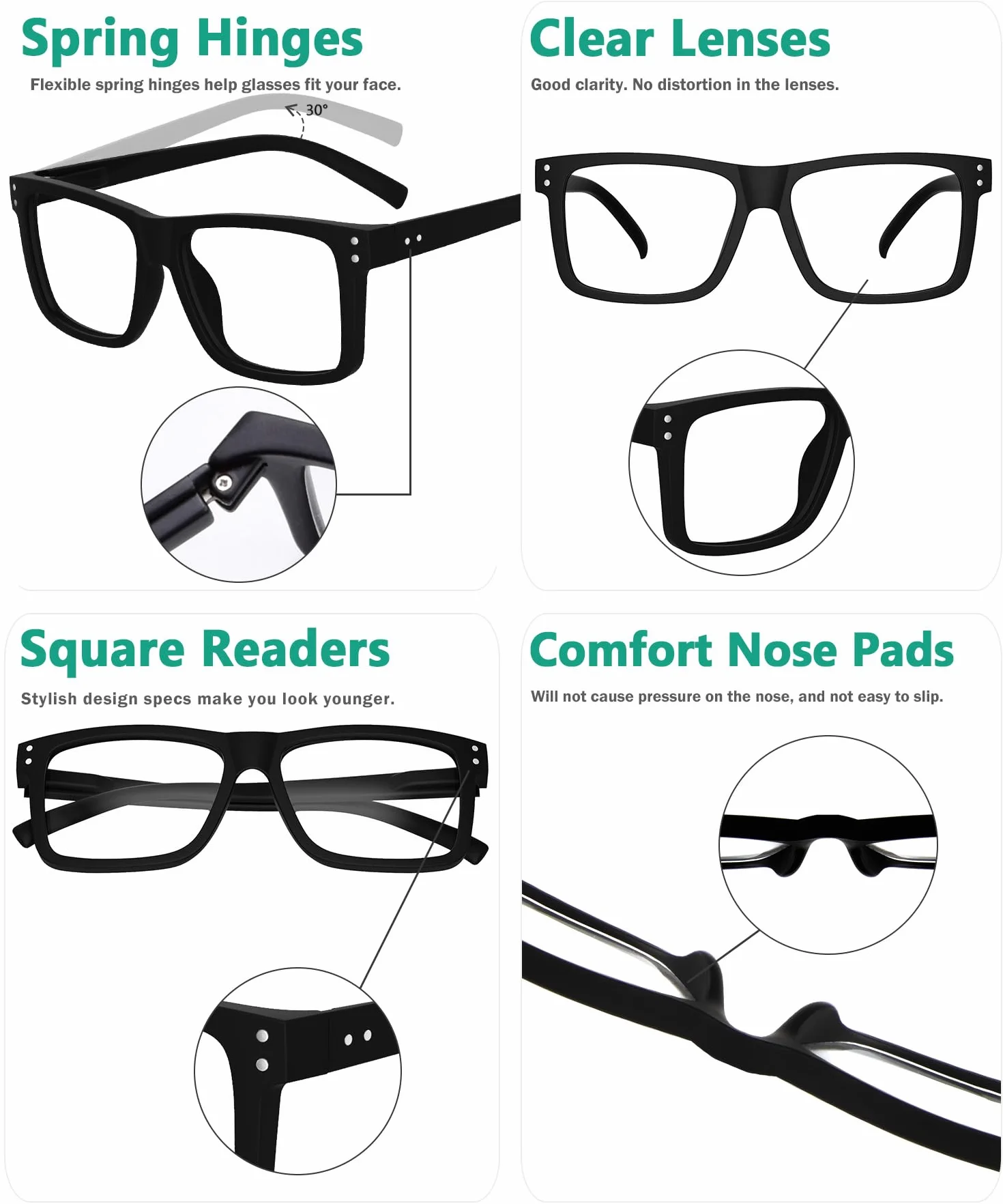 Lunettes de Lecture Carrées Hommes Femmes Eyekepper 5 Paires Noir 2.75