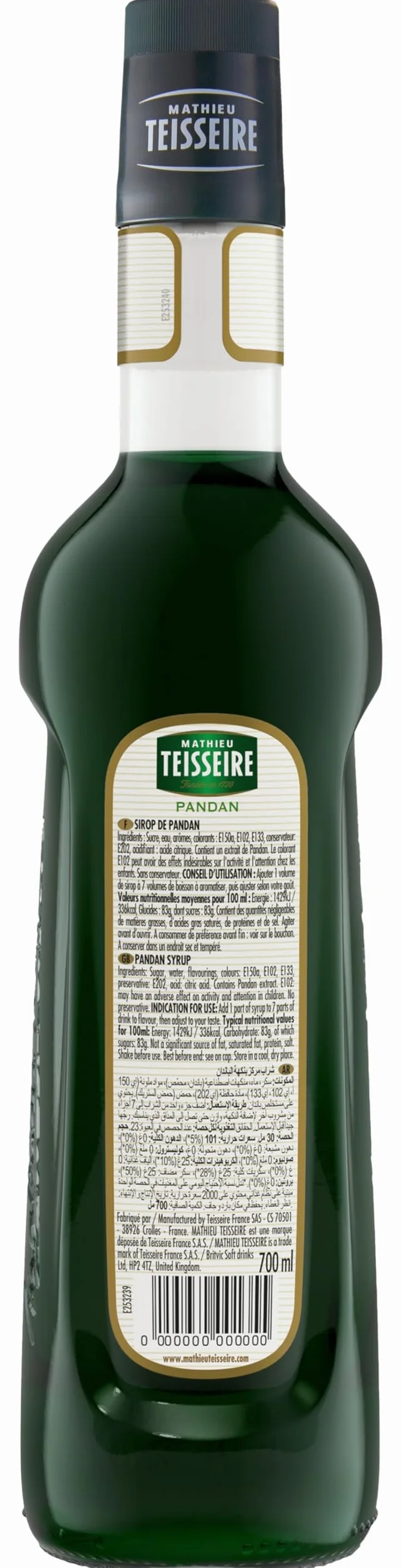 Sirop de Pandan Mathieu Teisseire, pour boissons, cocktails, mocktails, boissons gazeuses, limonades, milk-shakes, smoothies bouteille de 70cl c
