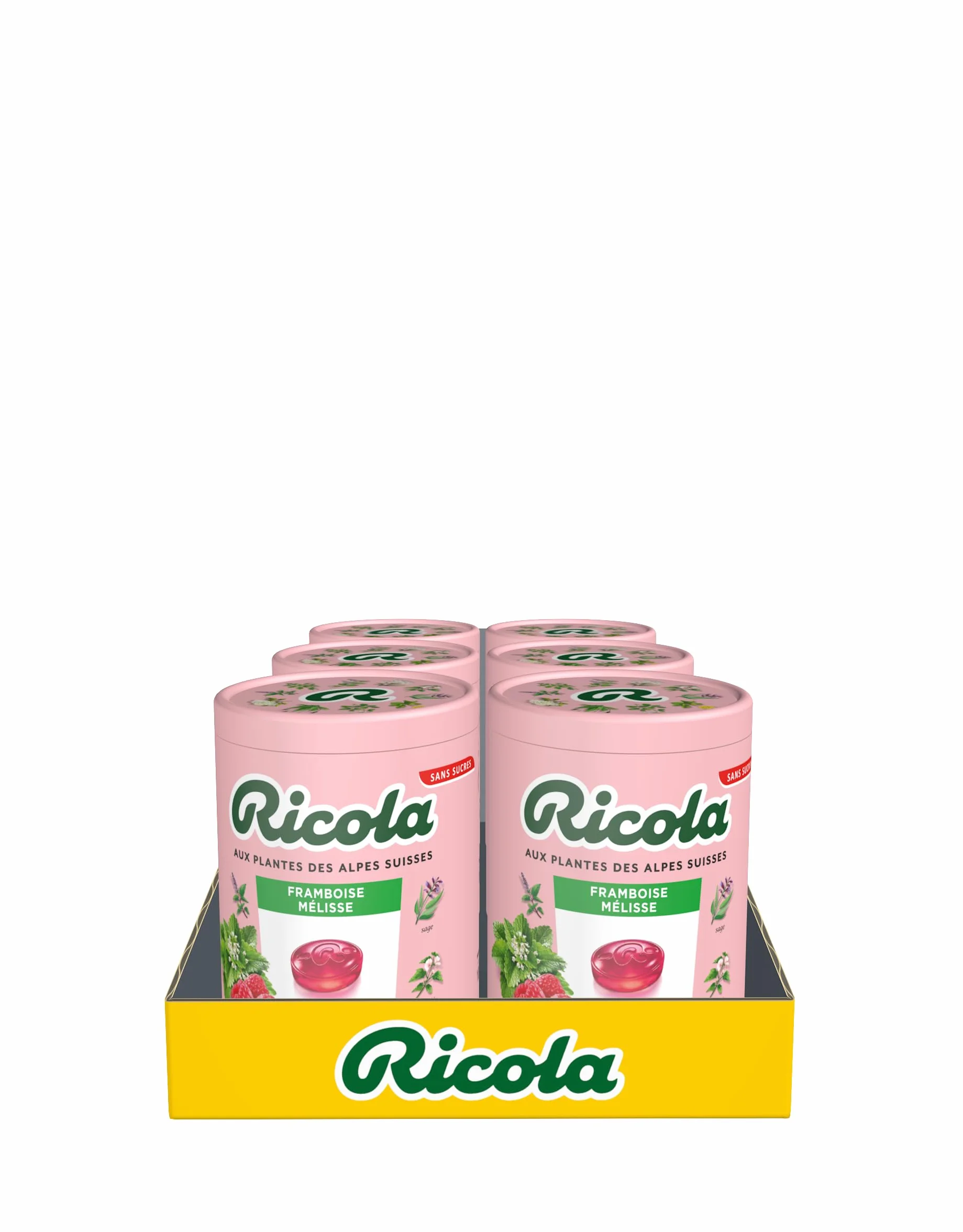 Ricola - Bonbons aux Plantes Suisses - Parfum Framboise Mélisse - Sans Sucres - 6 bottles de 100g