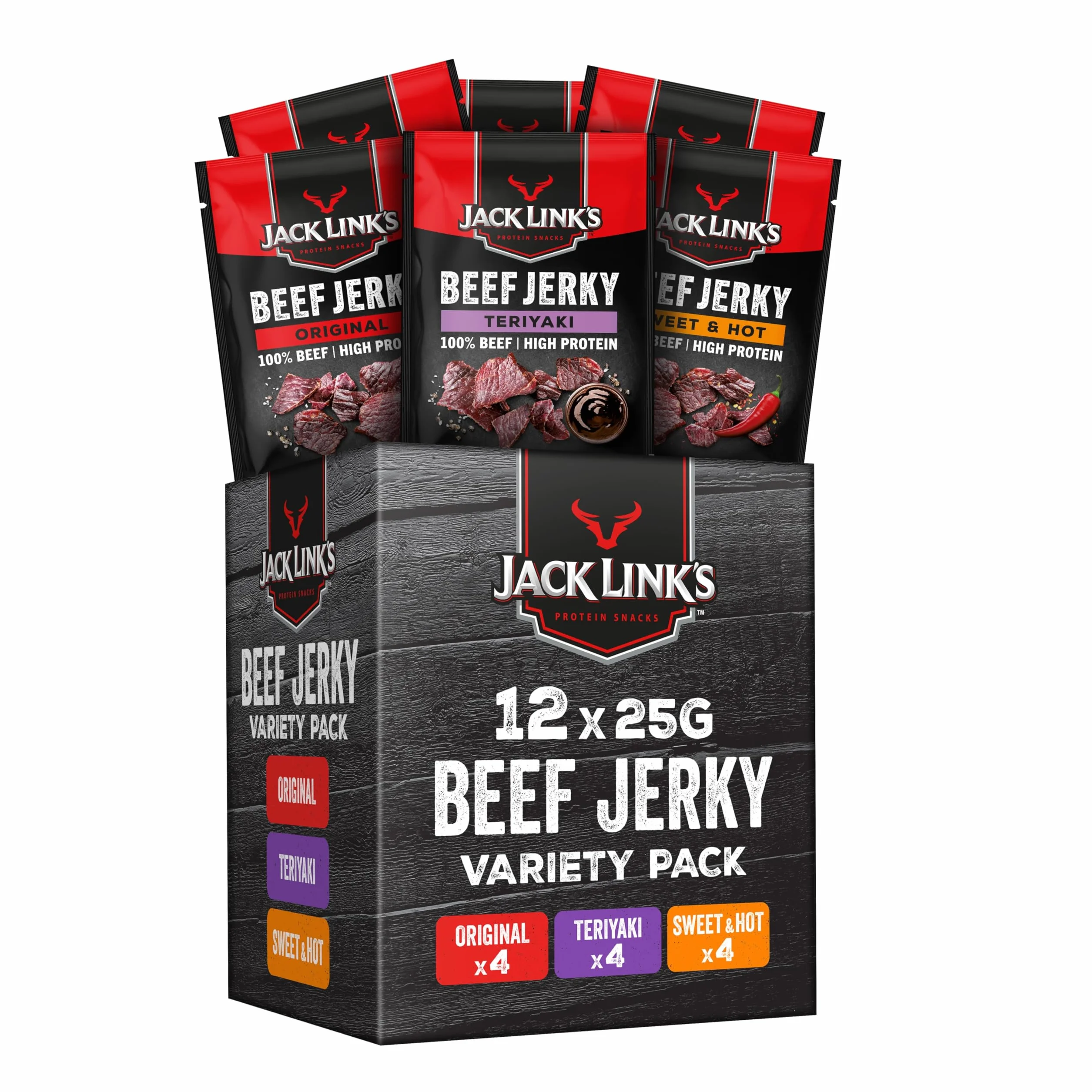 Jack Links Beef Jerky pack de mélanges (12 x 25 g) - Viande séchée - Riche en protéine snack - Charcuterie - Viande de boeuf - Boeuf séché