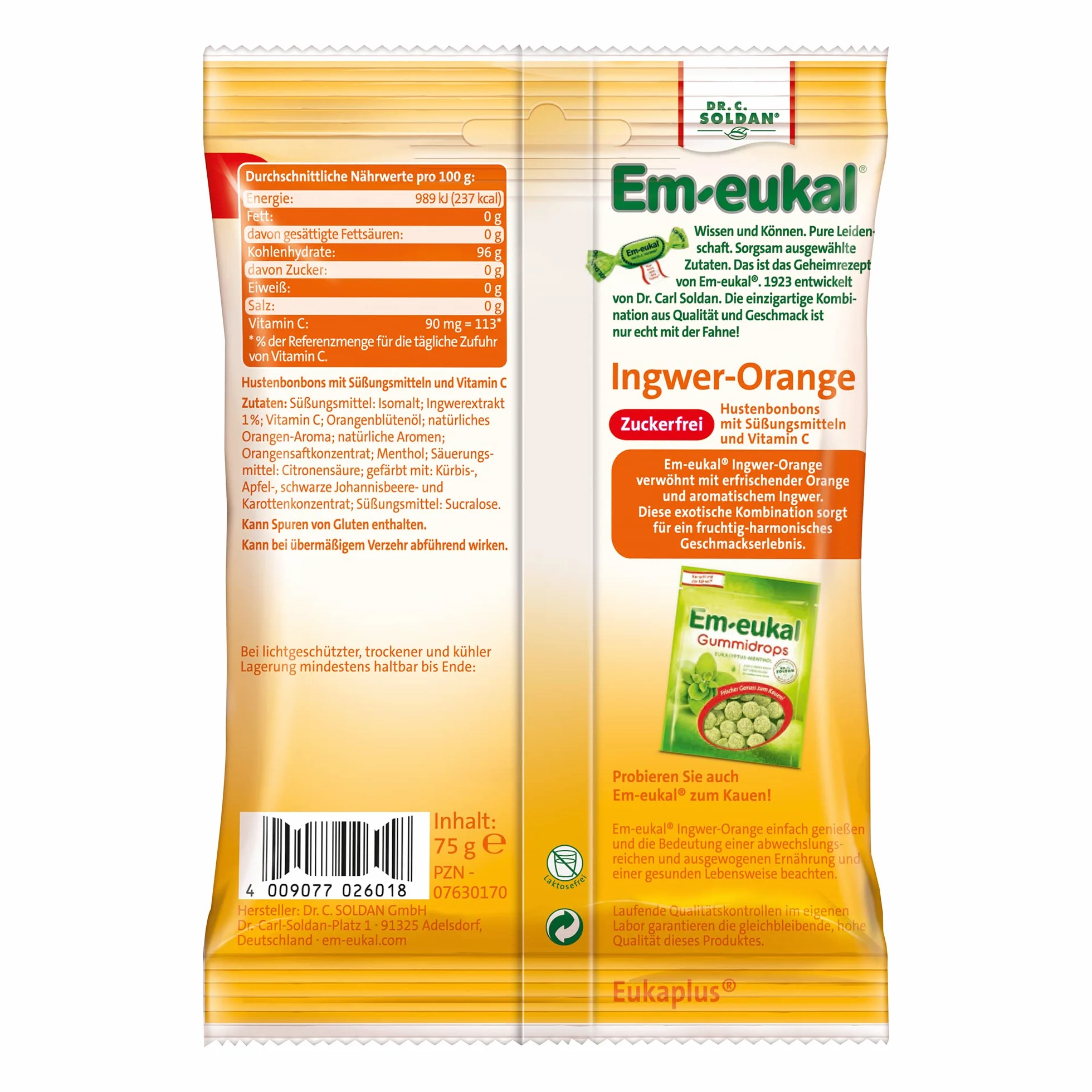 Em-eukal Gingembre-Orange sans sucre 75g, paquet de 10 (10 x 75g)